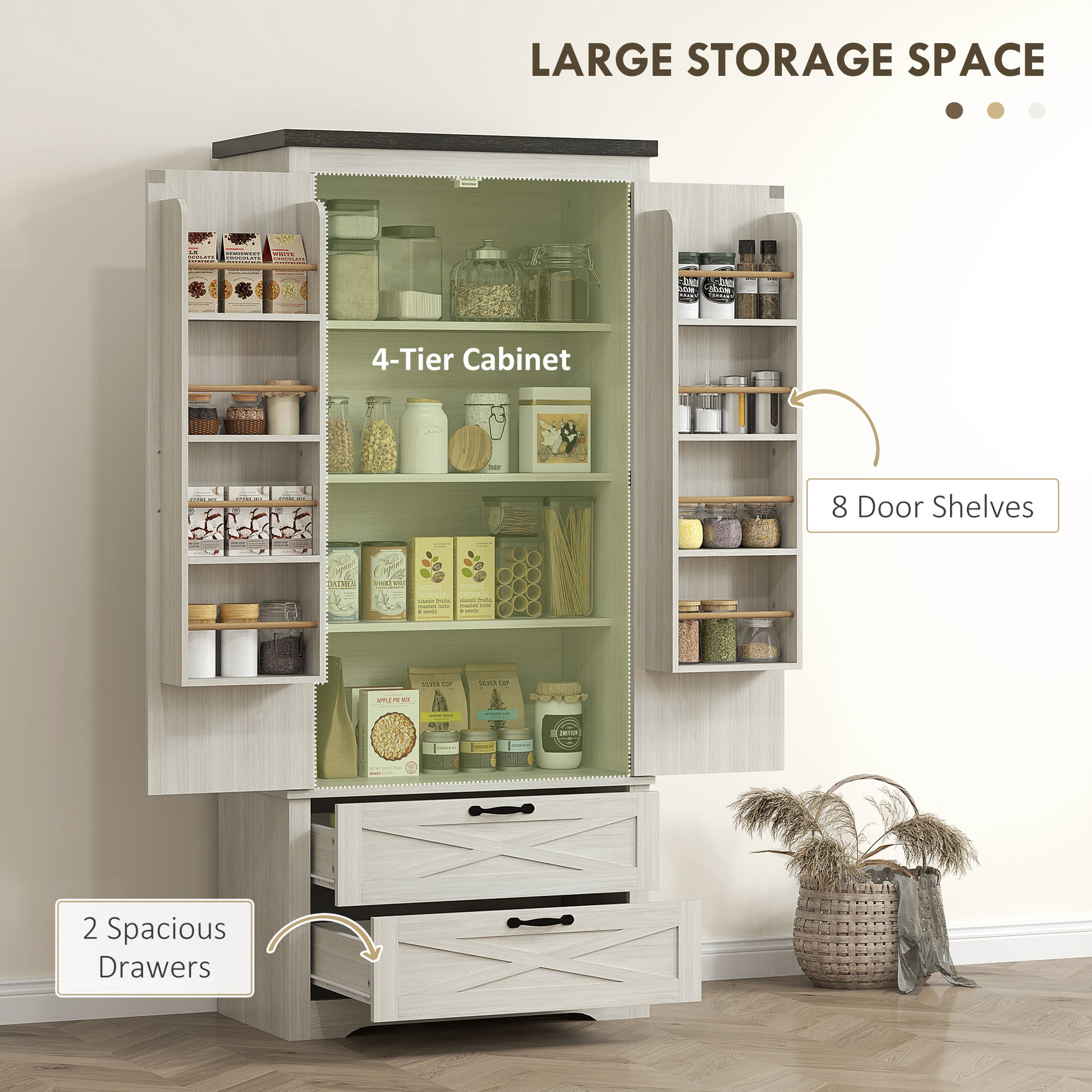 Farmhouse Pantry Storage Cabinet, 64" Distressed White, Barn Doors, 4 Tiers, 2 Drawers-DECOROLALA