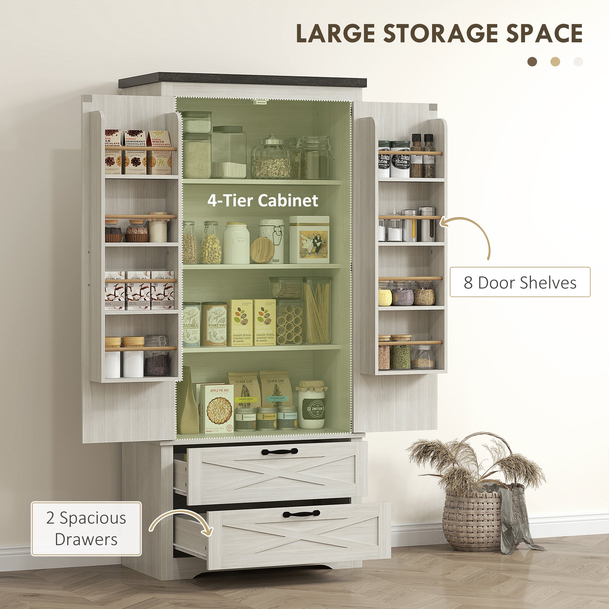 Farmhouse Pantry Storage Cabinet, 64" Distressed White, Barn Doors, 4 Tiers, 2 Drawers-DECOROLALA