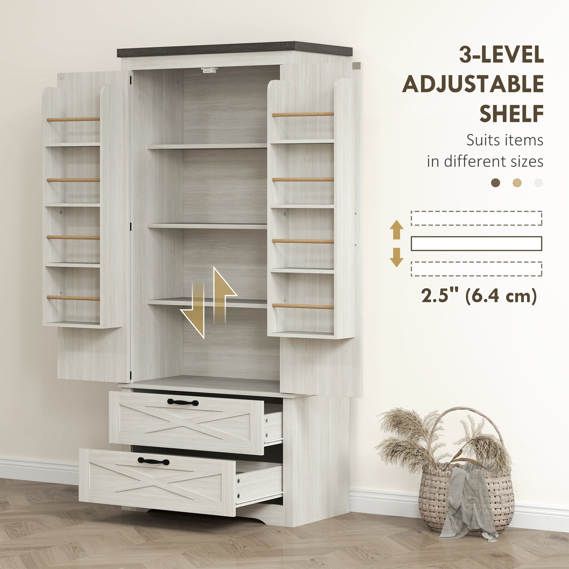 Farmhouse Pantry Storage Cabinet, 64" Distressed White, Barn Doors, 4 Tiers, 2 Drawers-DECOROLALA