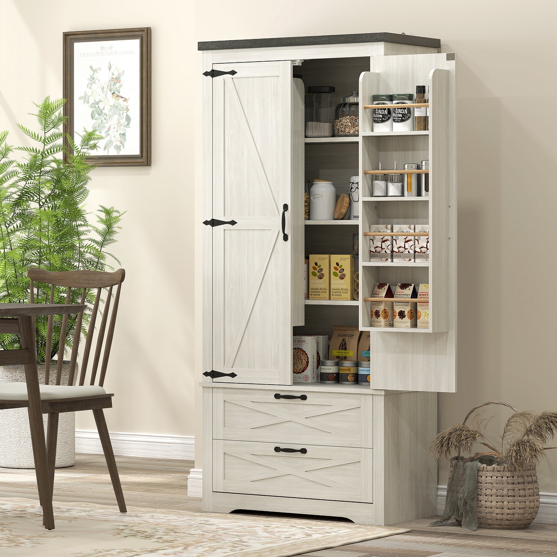 Farmhouse Pantry Storage Cabinet, 64" Distressed White, Barn Doors, 4 Tiers, 2 Drawers-DECOROLALA