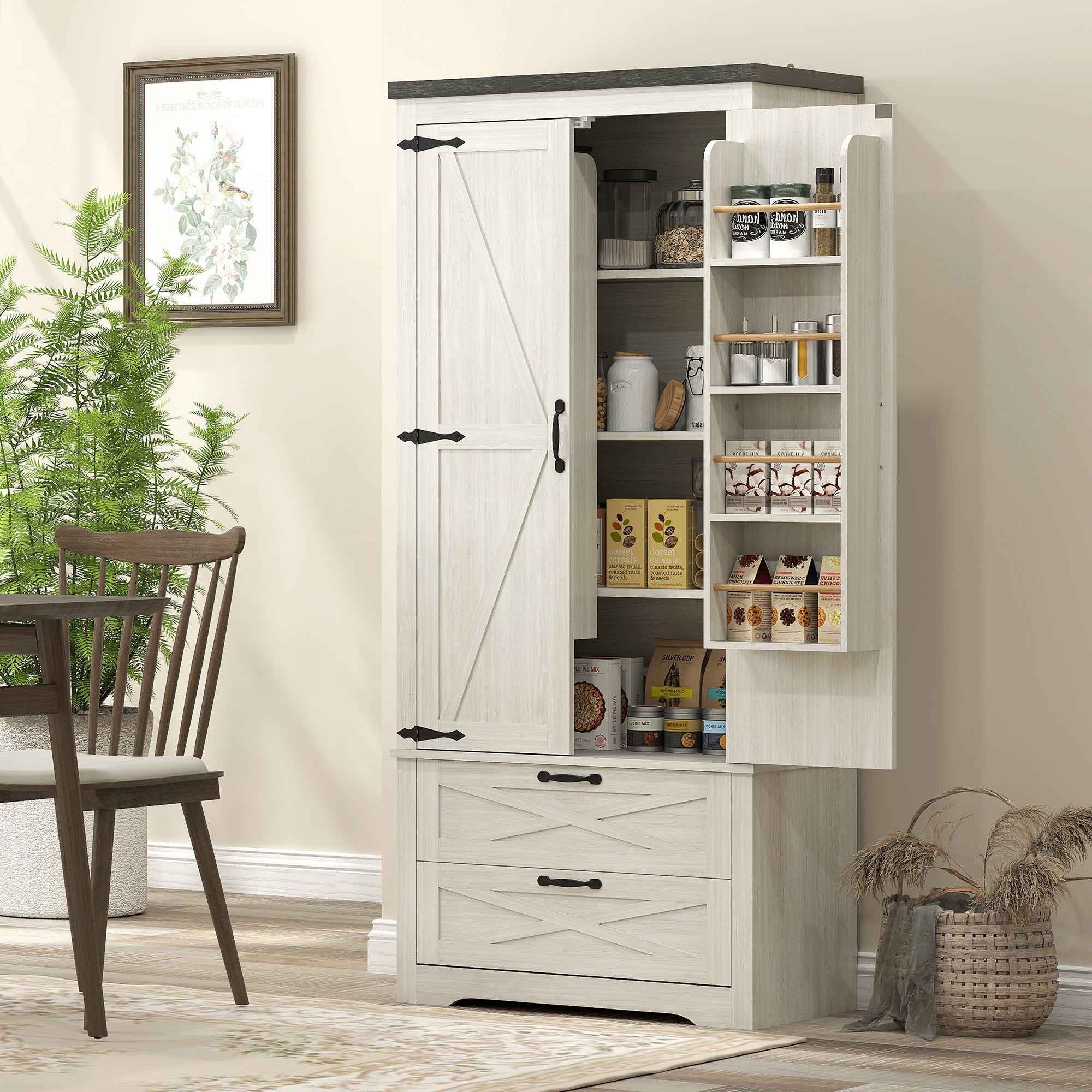 Farmhouse Pantry Storage Cabinet, 64" Distressed White, Barn Doors, 4 Tiers, 2 Drawers-DECOROLALA