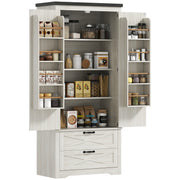 Farmhouse Pantry Storage Cabinet, 64" Distressed White, Barn Doors, 4 Tiers, 2 Drawers-DECOROLALA