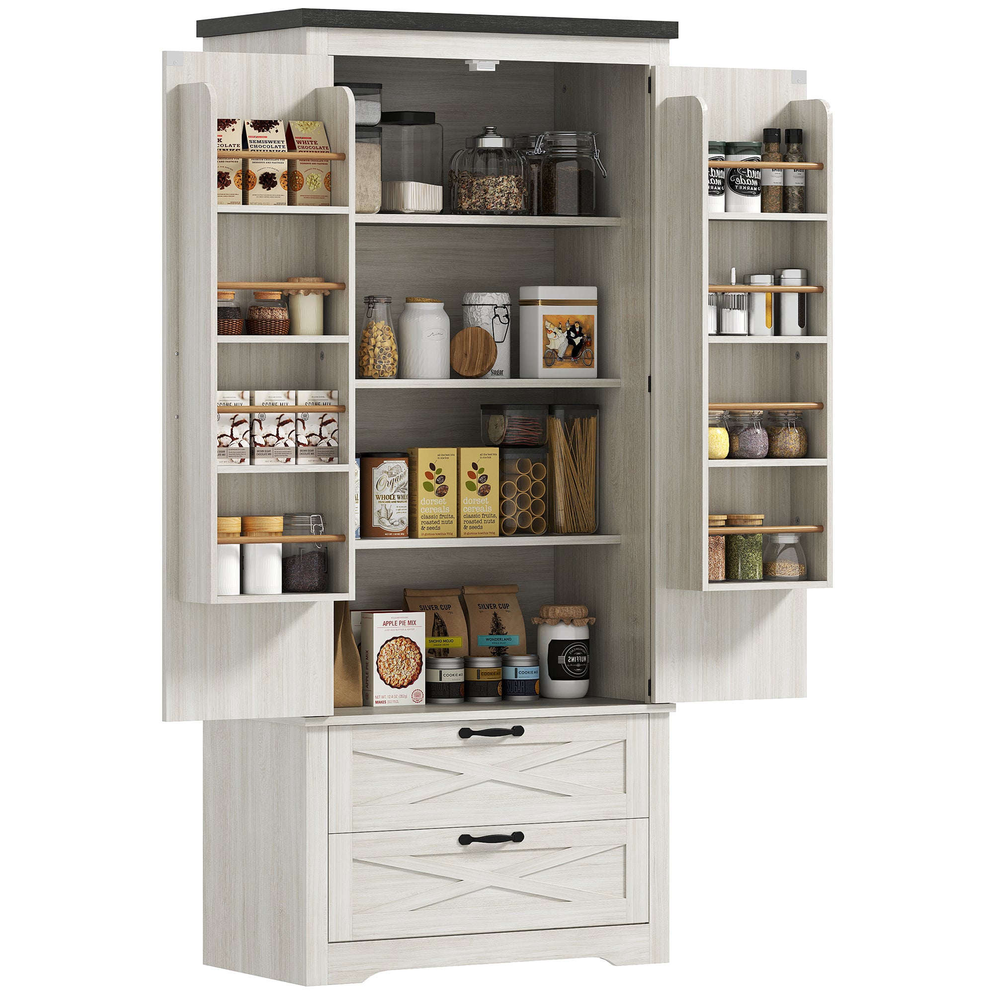 Farmhouse Pantry Storage Cabinet, 64" Distressed White, Barn Doors, 4 Tiers, 2 Drawers-DECOROLALA
