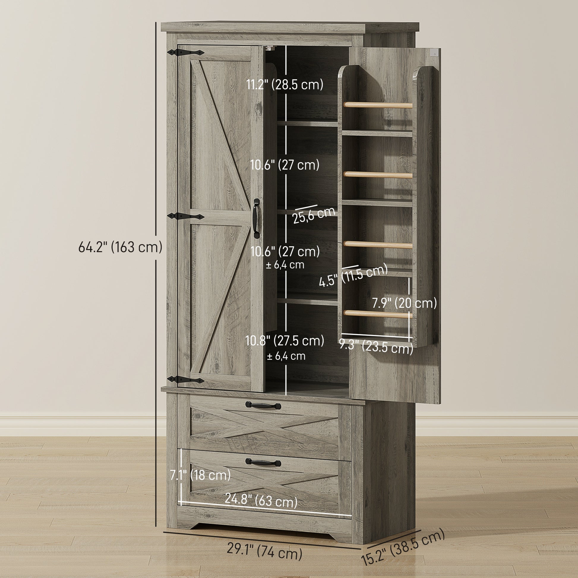 Farmhouse Pantry Storage Cabinet, 64" Grey with Drawers, Barn Doors-DECOROLALA
