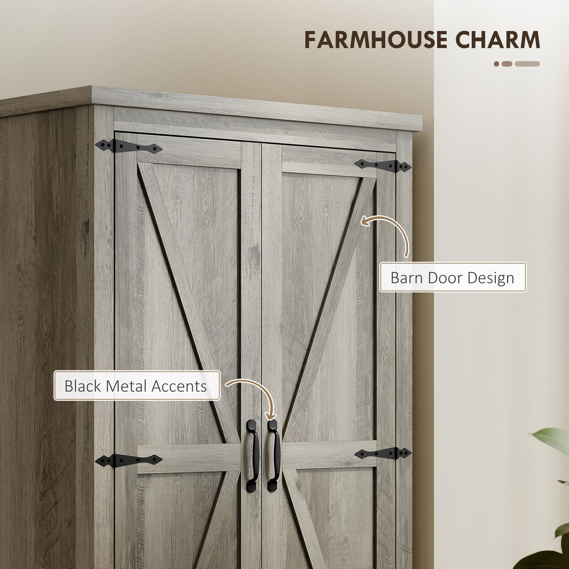 Farmhouse Pantry Storage Cabinet, 64" Grey with Drawers, Barn Doors-DECOROLALA