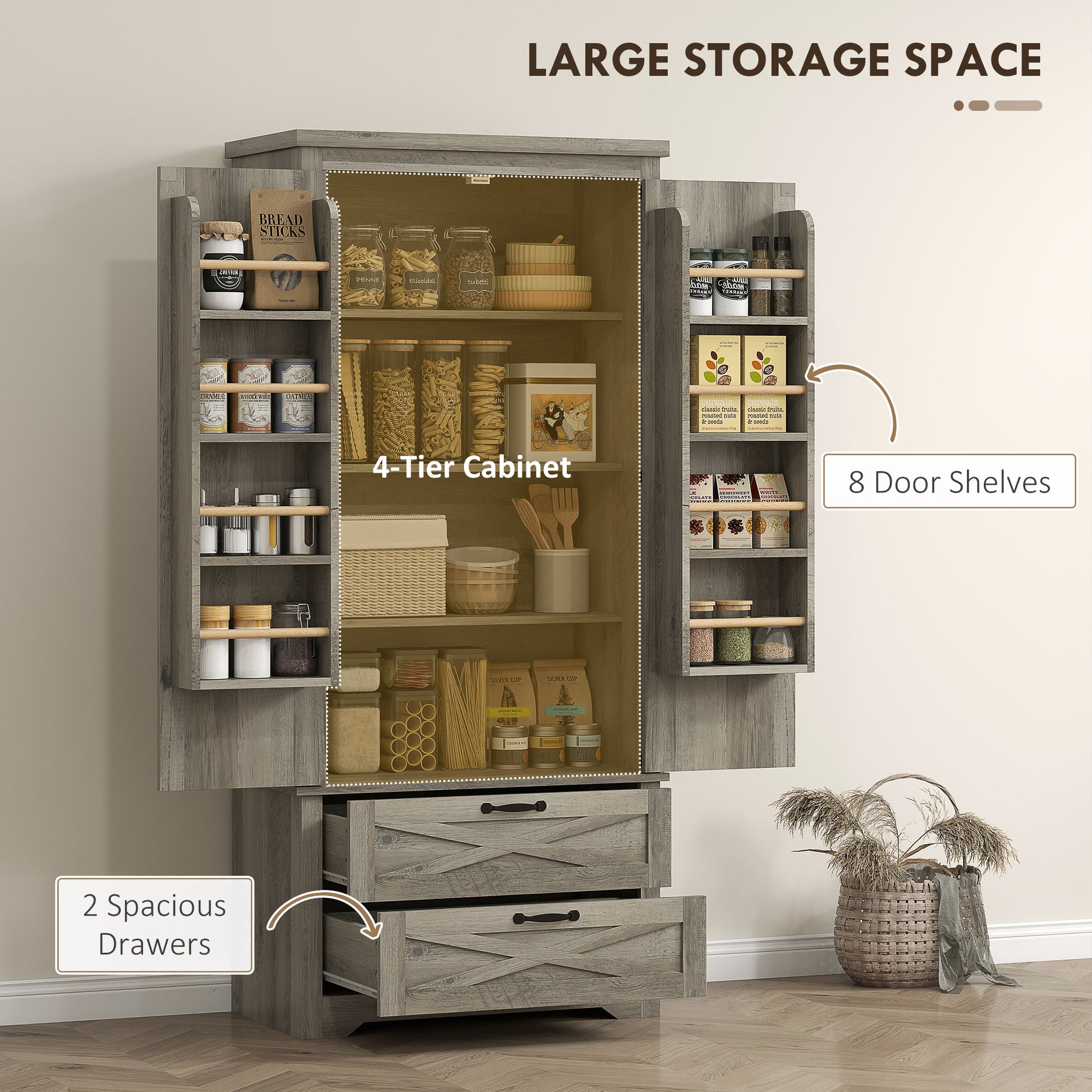 Farmhouse Pantry Storage Cabinet, 64" Grey with Drawers, Barn Doors-DECOROLALA