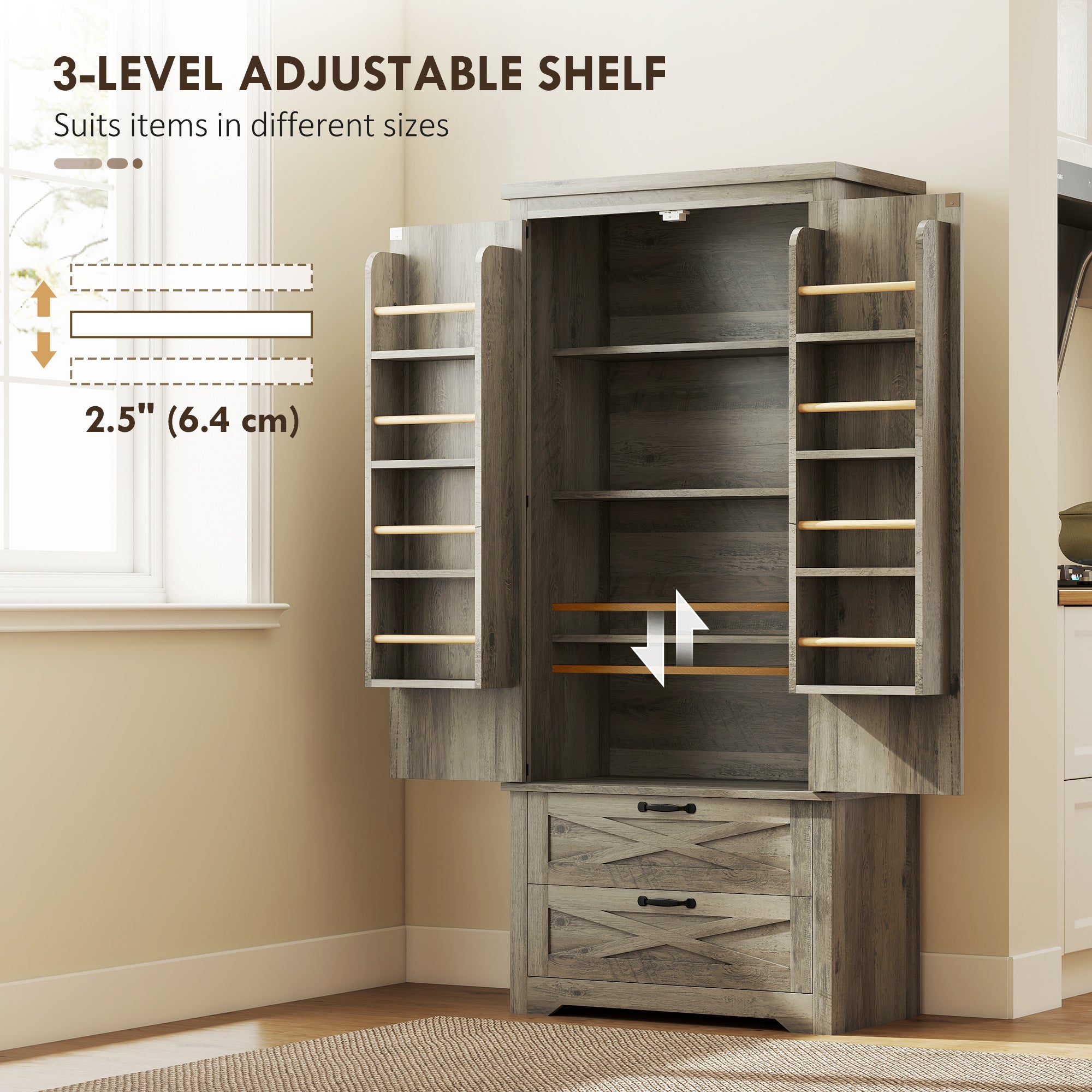 Farmhouse Pantry Storage Cabinet, 64" Grey with Drawers, Barn Doors-DECOROLALA