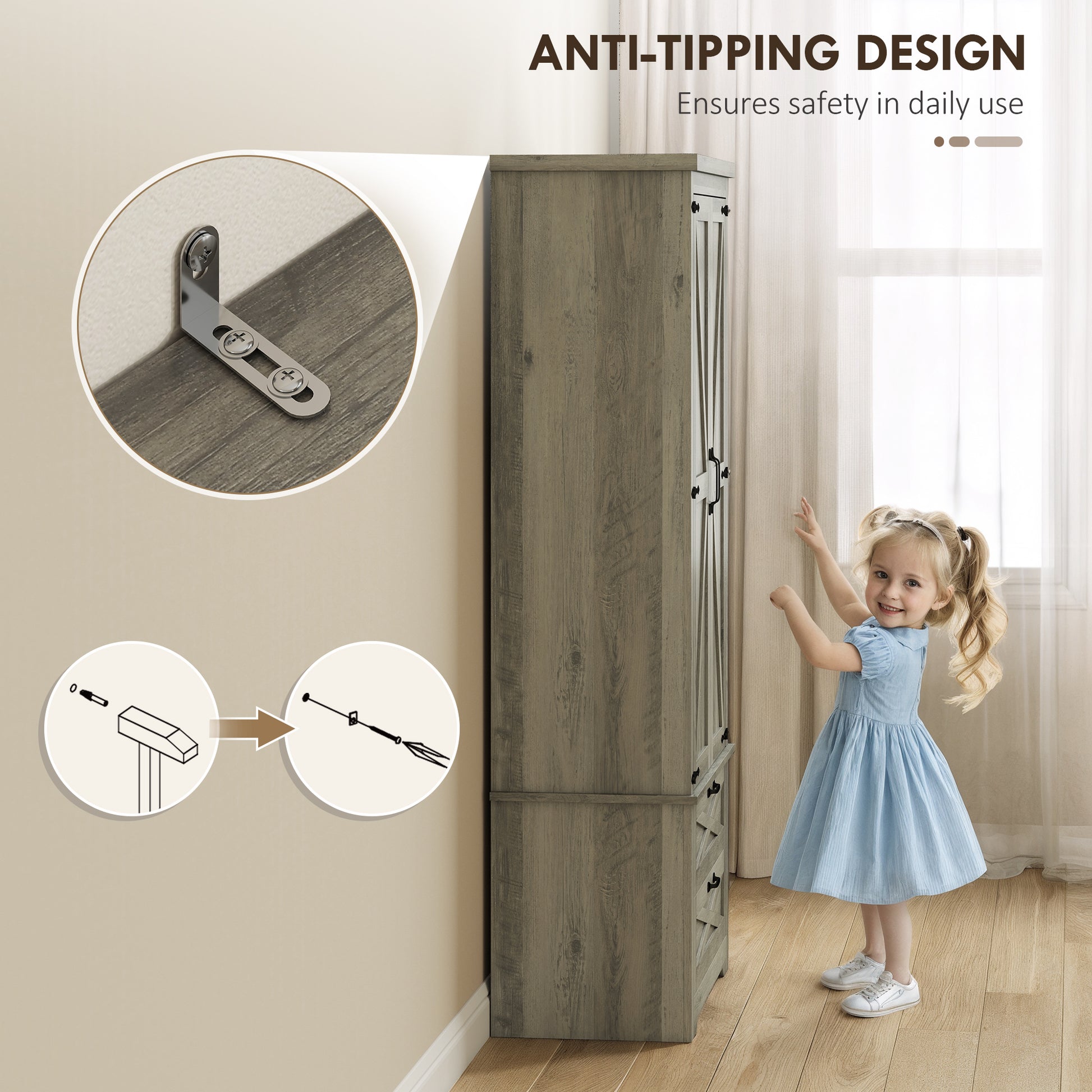 Farmhouse Pantry Storage Cabinet, 64" Grey with Drawers, Barn Doors-DECOROLALA