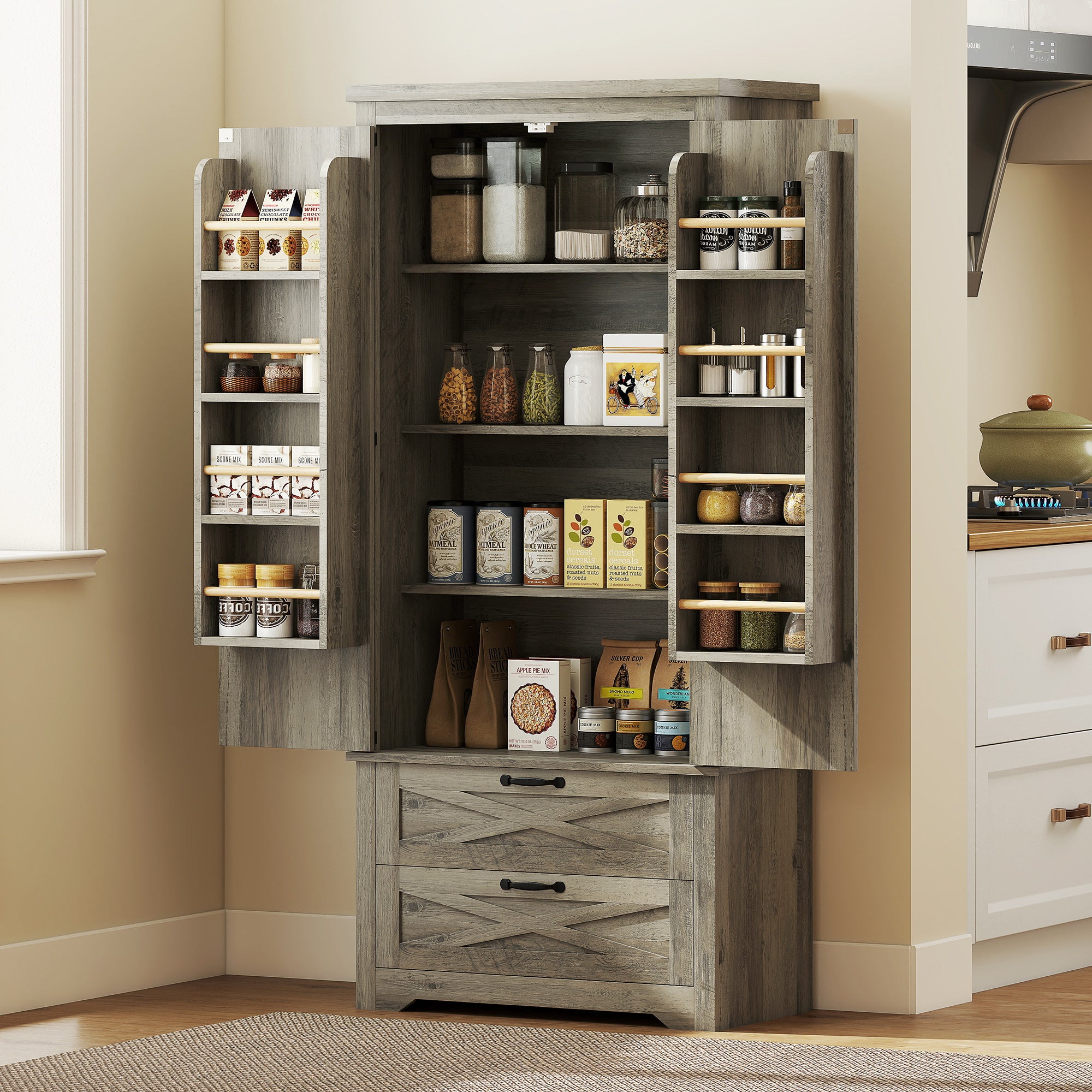 Farmhouse Pantry Storage Cabinet, 64" Grey with Drawers, Barn Doors-DECOROLALA