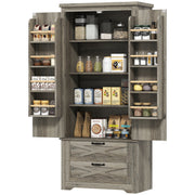 Farmhouse Pantry Storage Cabinet, 64" Grey with Drawers, Barn Doors-DECOROLALA