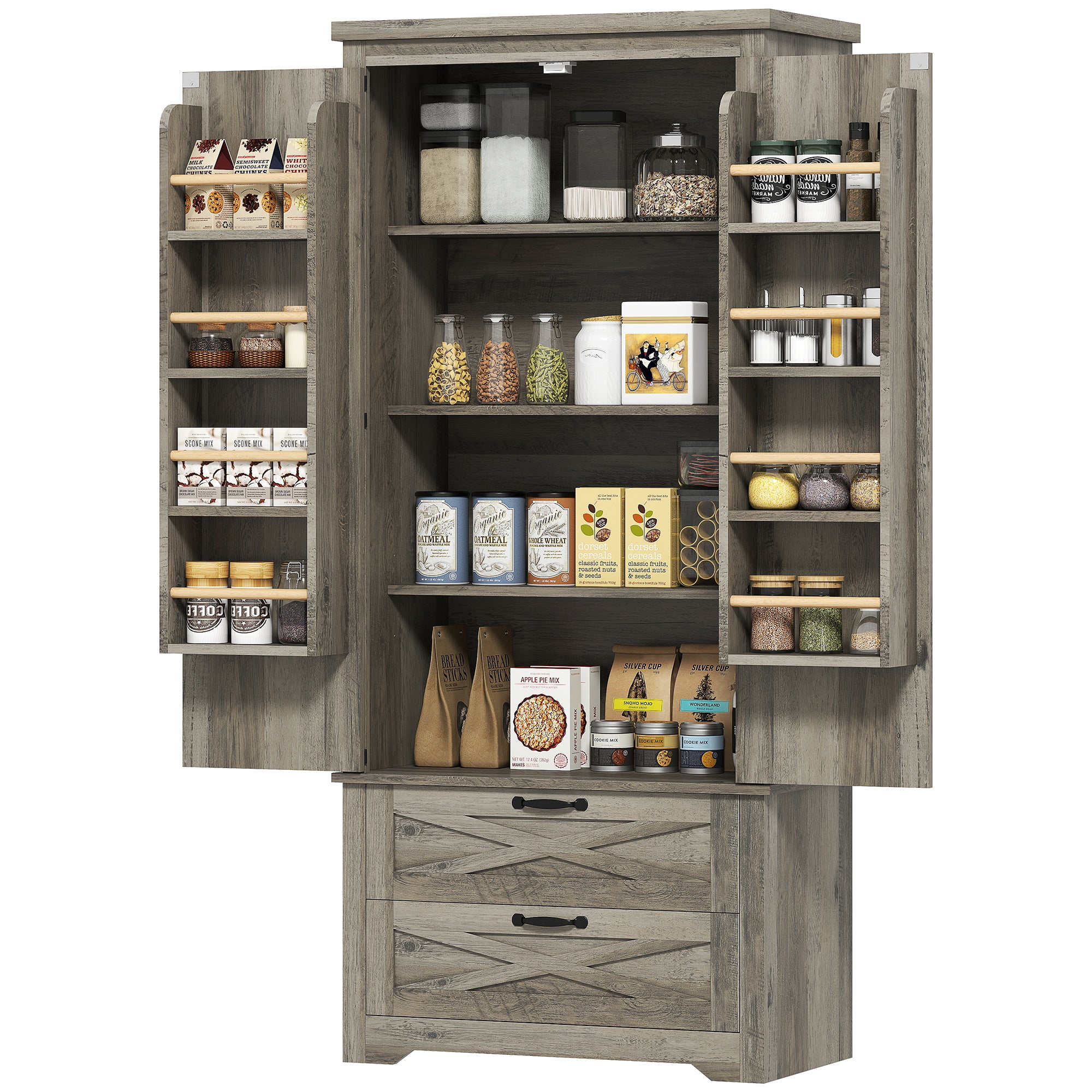 Farmhouse Pantry Storage Cabinet, 64" Grey with Drawers, Barn Doors-DECOROLALA