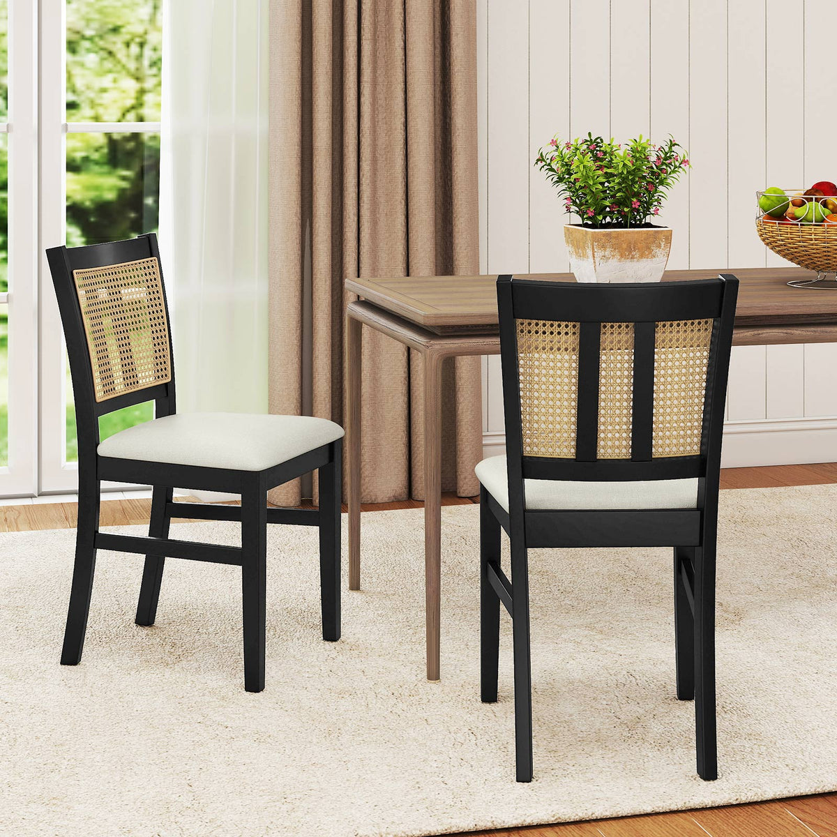 Farmhouse Rattan Dining Chair Set of 2 with Rubber Wood Legs and Cane Back-Beige-Dining Chairs-DECOROLALA