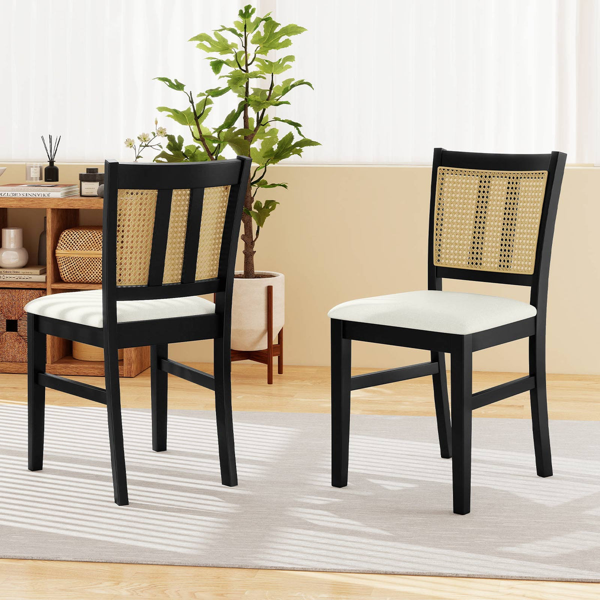 Farmhouse Rattan Dining Chair Set of 2 with Rubber Wood Legs and Cane Back-Beige-Dining Chairs-DECOROLALA