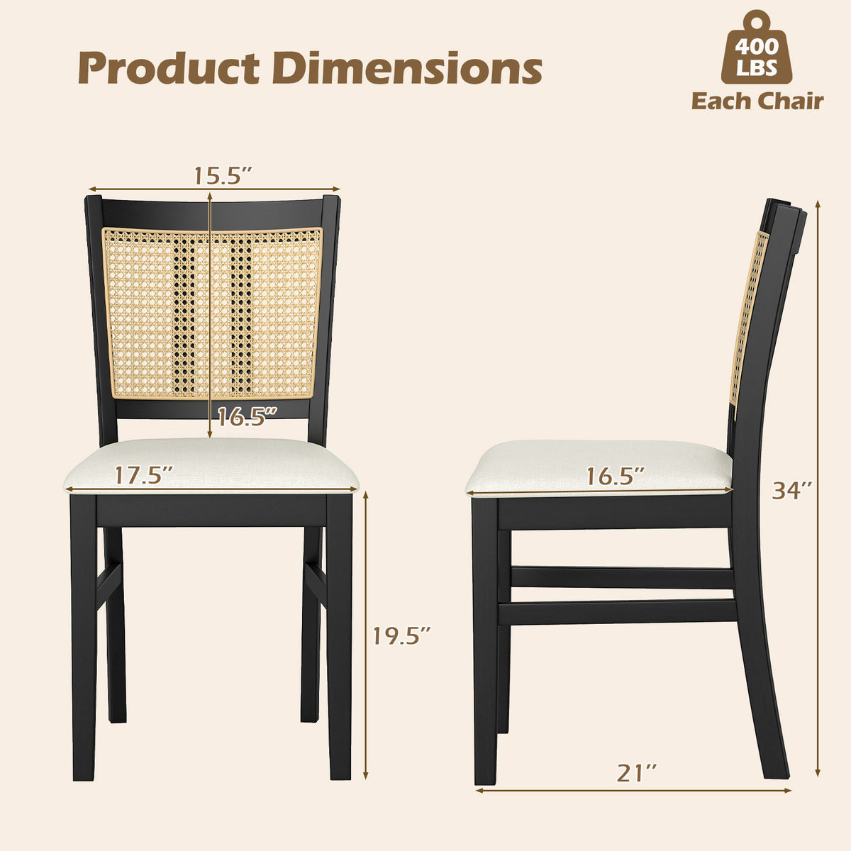 Farmhouse Rattan Dining Chair Set of 2 with Rubber Wood Legs and Cane Back-Beige-Dining Chairs-DECOROLALA