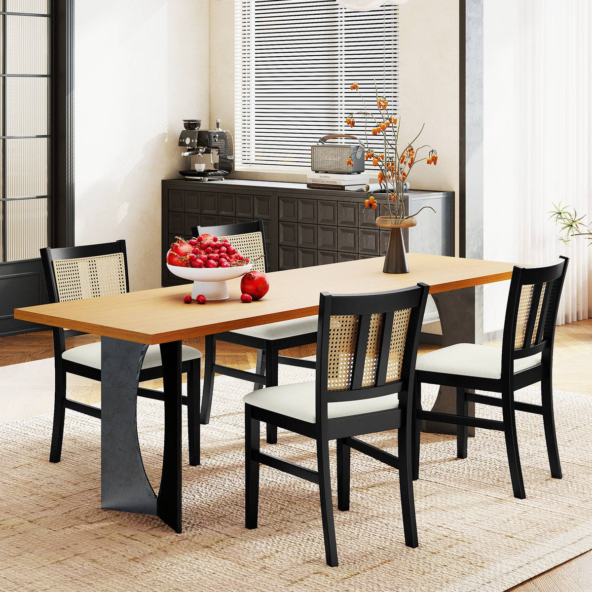 Farmhouse Rattan Dining Chair Set of 2 with Rubber Wood Legs and Cane Back-Beige-Dining Chairs-DECOROLALA