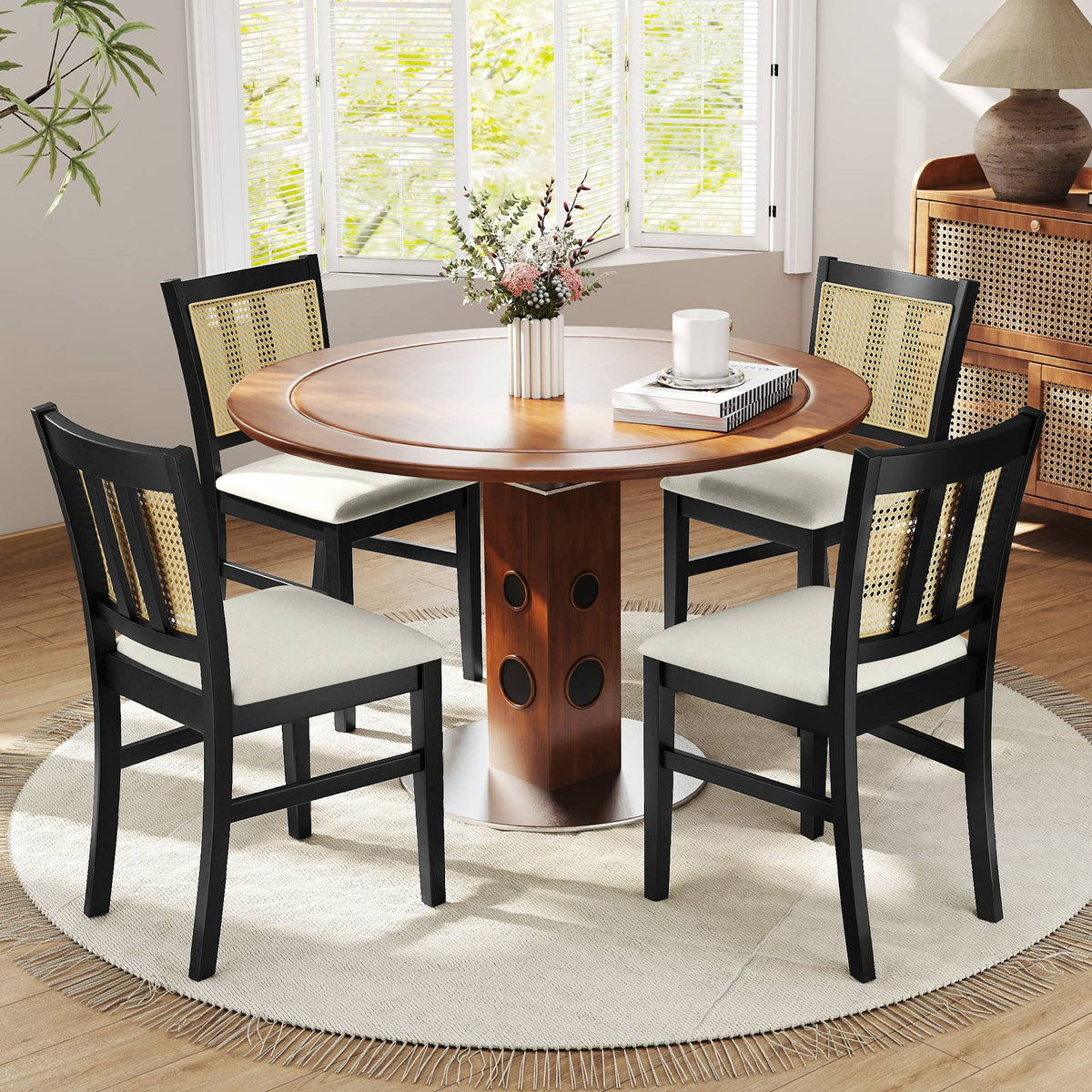 Farmhouse Rattan Dining Chair Set of 2 with Rubber Wood Legs and Cane Back-Beige-Dining Chairs-DECOROLALA