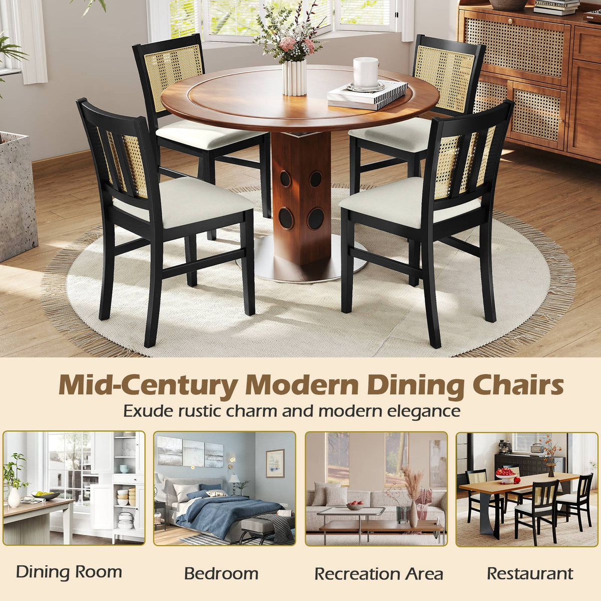 Farmhouse Rattan Dining Chair Set of 2 with Rubber Wood Legs and Cane Back-Beige-Dining Chairs-DECOROLALA