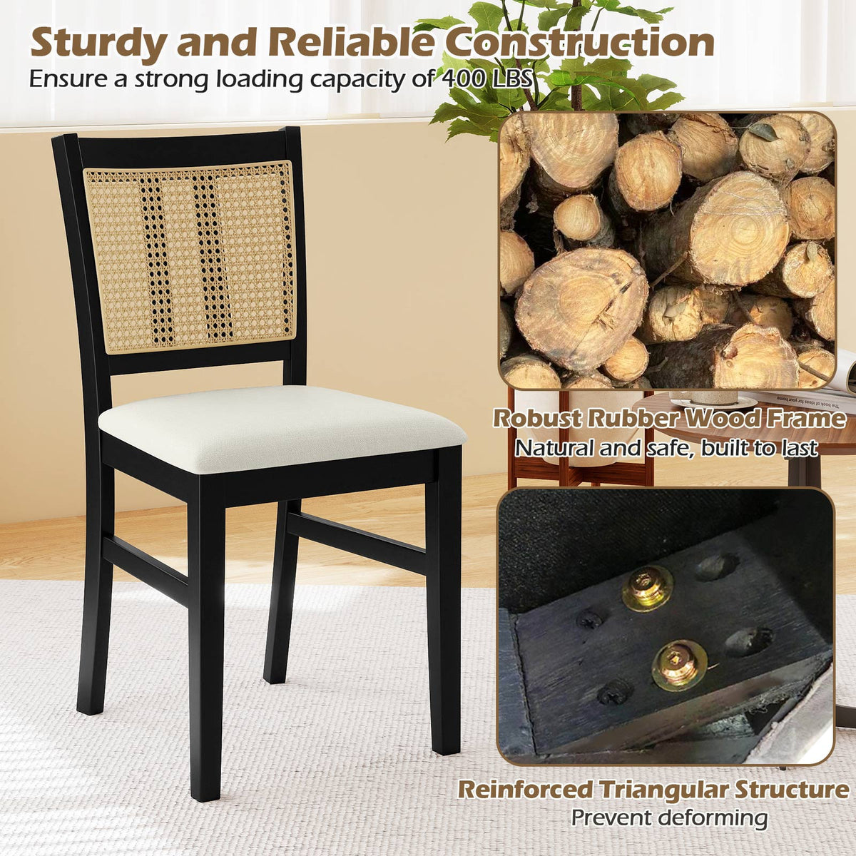 Farmhouse Rattan Dining Chair Set of 2 with Rubber Wood Legs and Cane Back-Beige-Dining Chairs-DECOROLALA