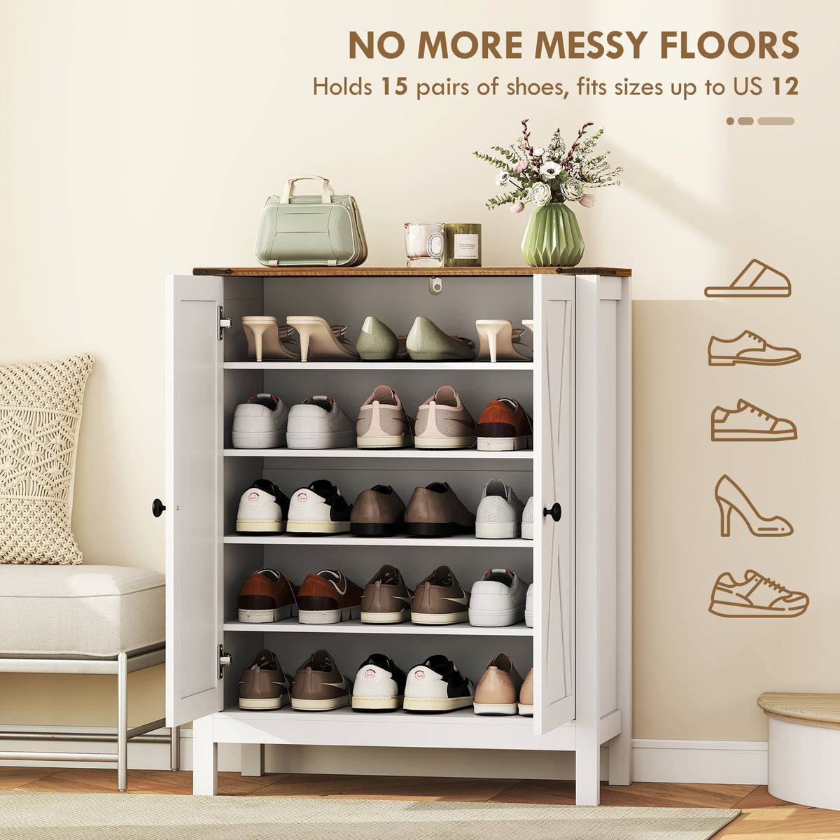 Farmhouse Shoe Cabinet with Barn Doors - White 15 Pair-Home Furnishings > Storage & Organization > Shoe Storage Cabinets & Racks-DECOROLALA