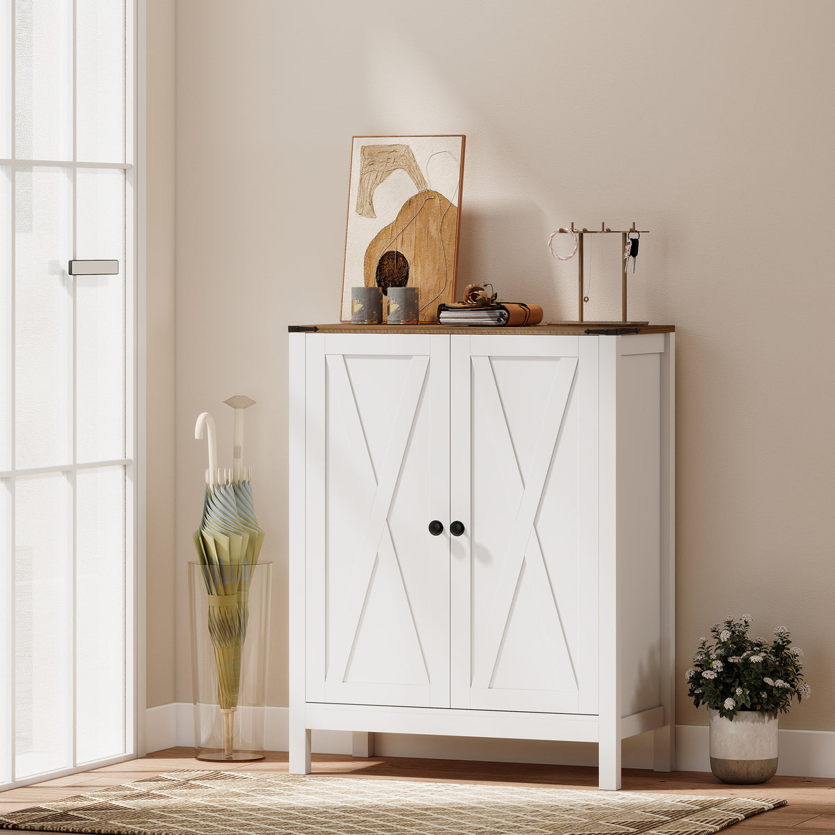 Farmhouse Shoe Cabinet with Barn Doors - White 15 Pair-Home Furnishings > Storage & Organization > Shoe Storage Cabinets & Racks-DECOROLALA