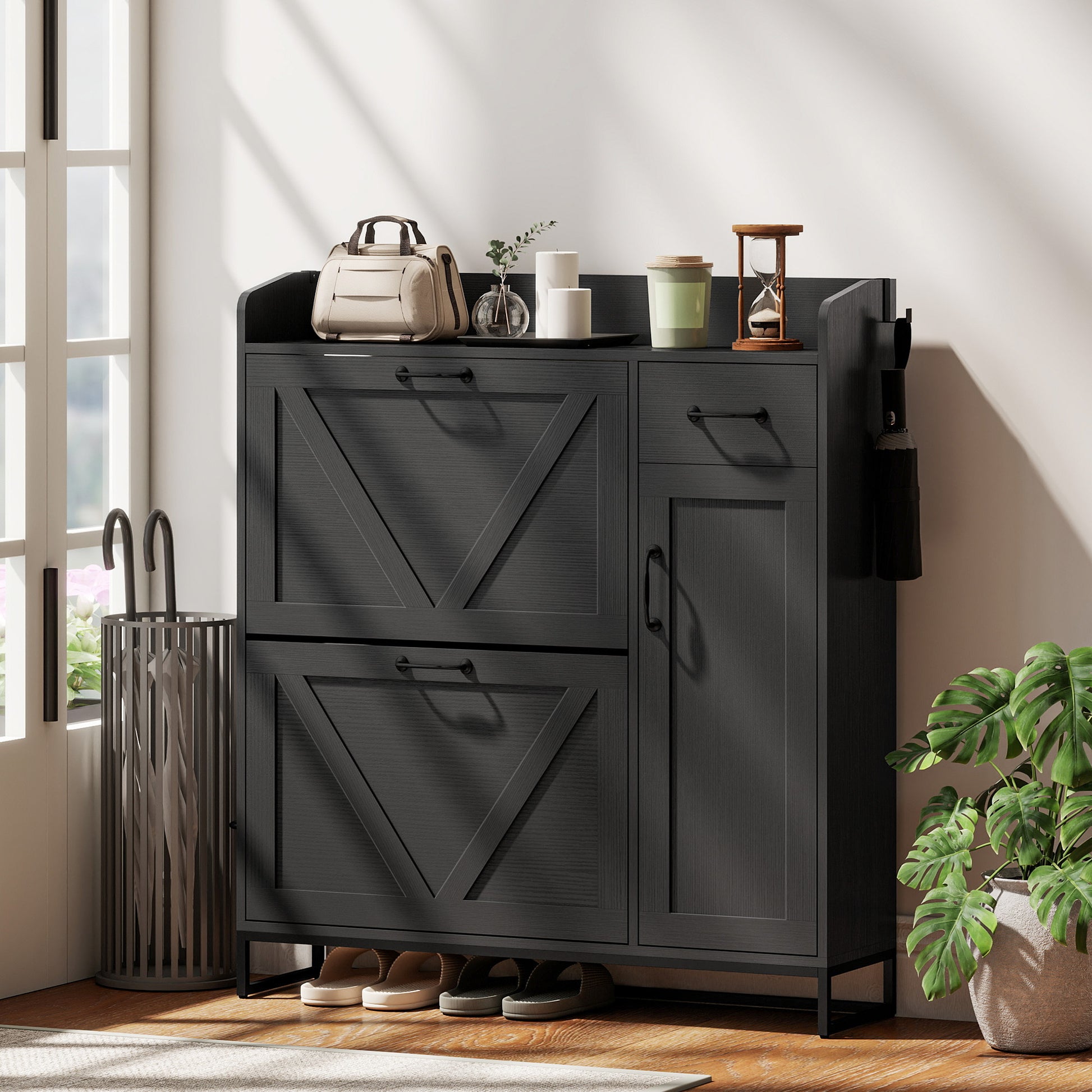 Farmhouse Shoe Storage Cabinet - Distressed Black 12 Pairs-DECOROLALA