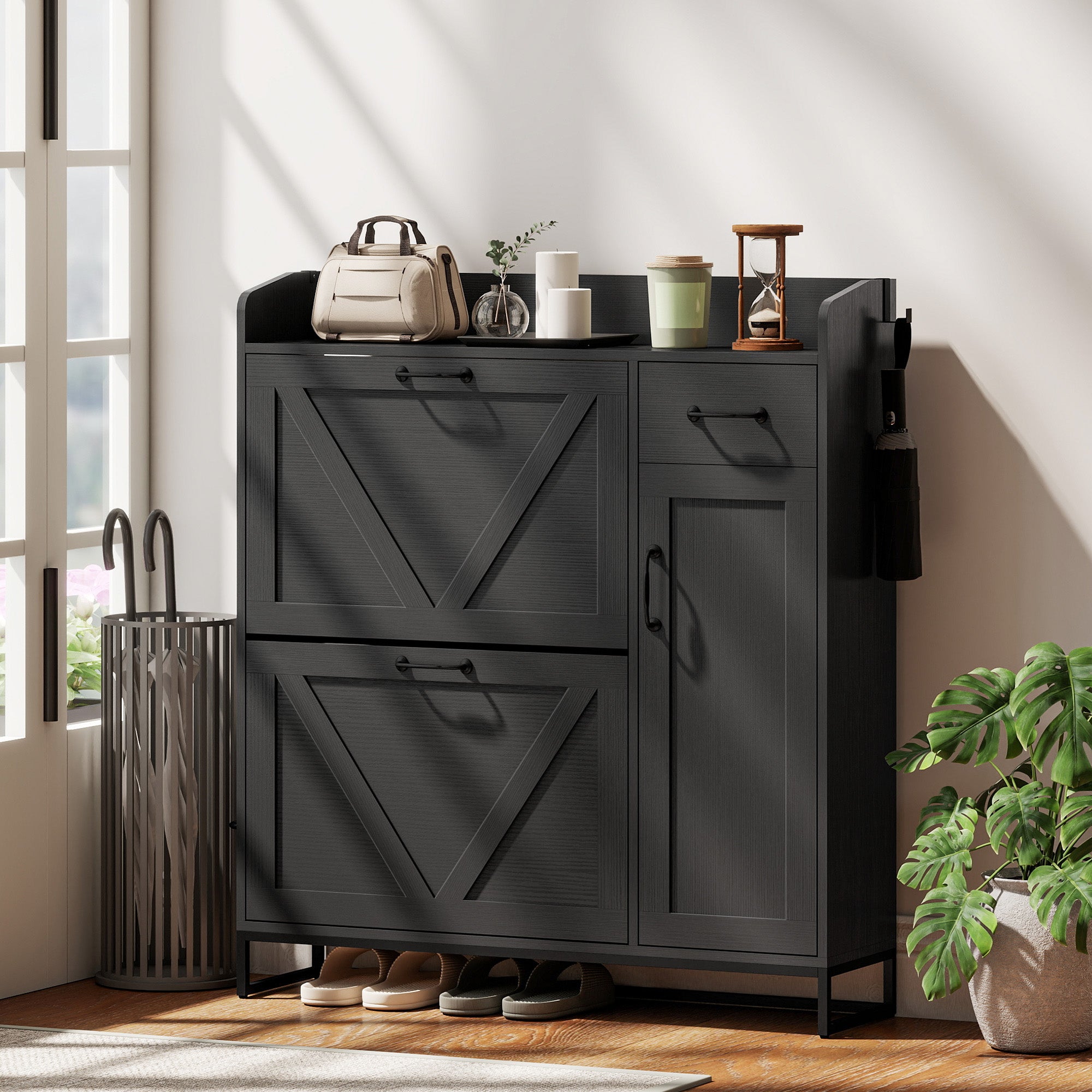 Farmhouse Shoe Storage Cabinet - Distressed Black 12 Pairs-DECOROLALA