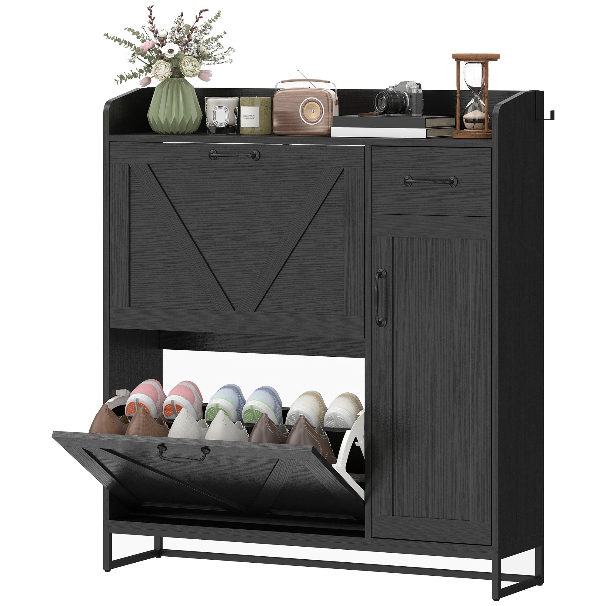 Farmhouse Shoe Storage Cabinet - Distressed Black 12 Pairs-DECOROLALA