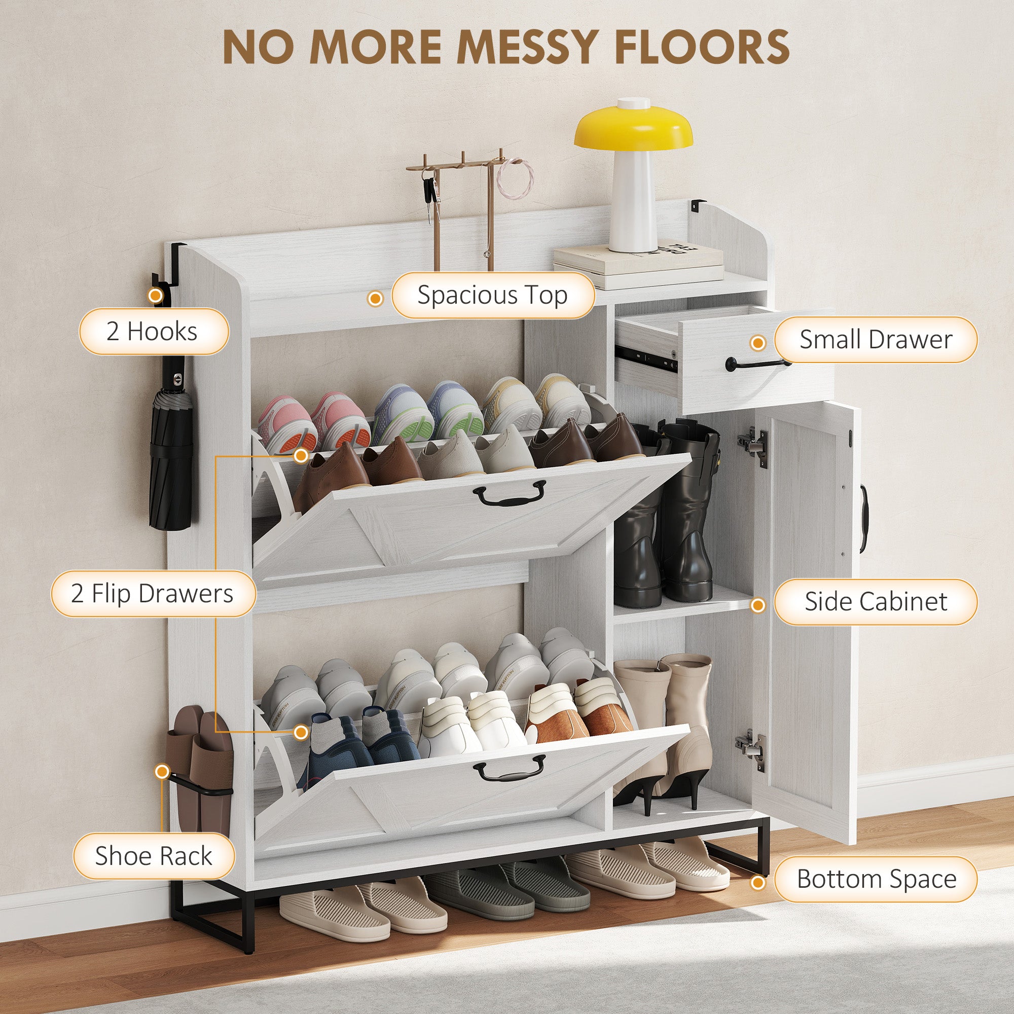 Farmhouse Shoe Storage Cabinet - Distressed White 12 Pair Capacity-DECOROLALA