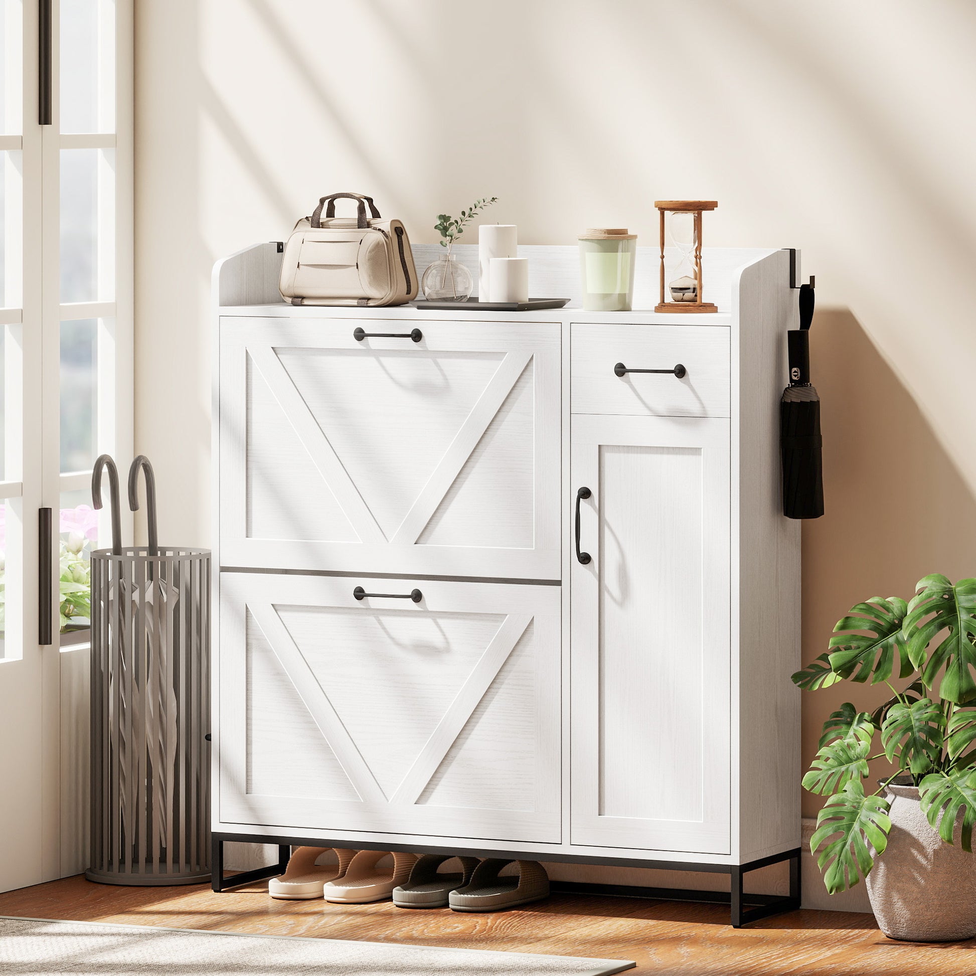 Farmhouse Shoe Storage Cabinet - Distressed White 12 Pair Capacity-DECOROLALA