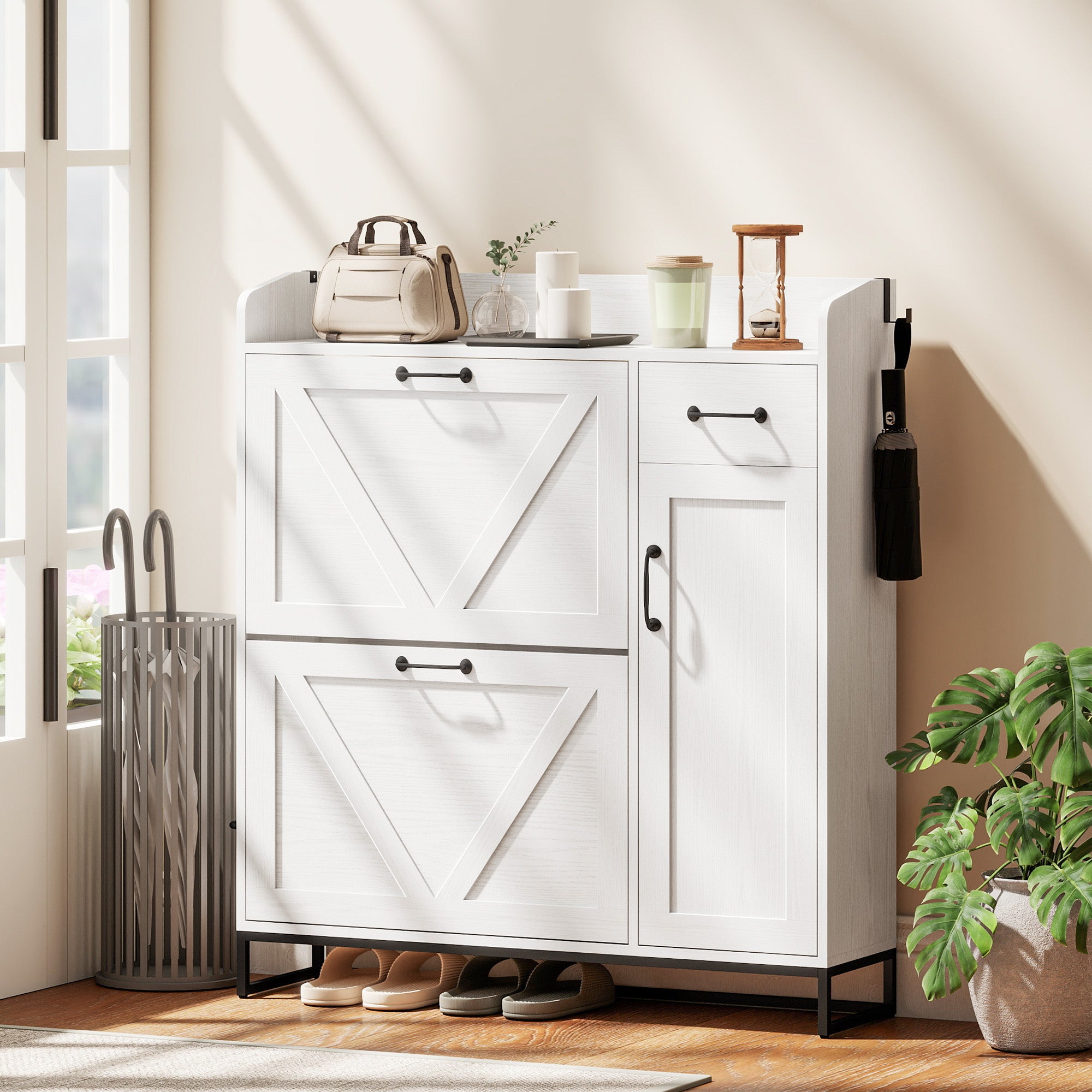 Farmhouse Shoe Storage Cabinet - Distressed White 12 Pair Capacity-DECOROLALA