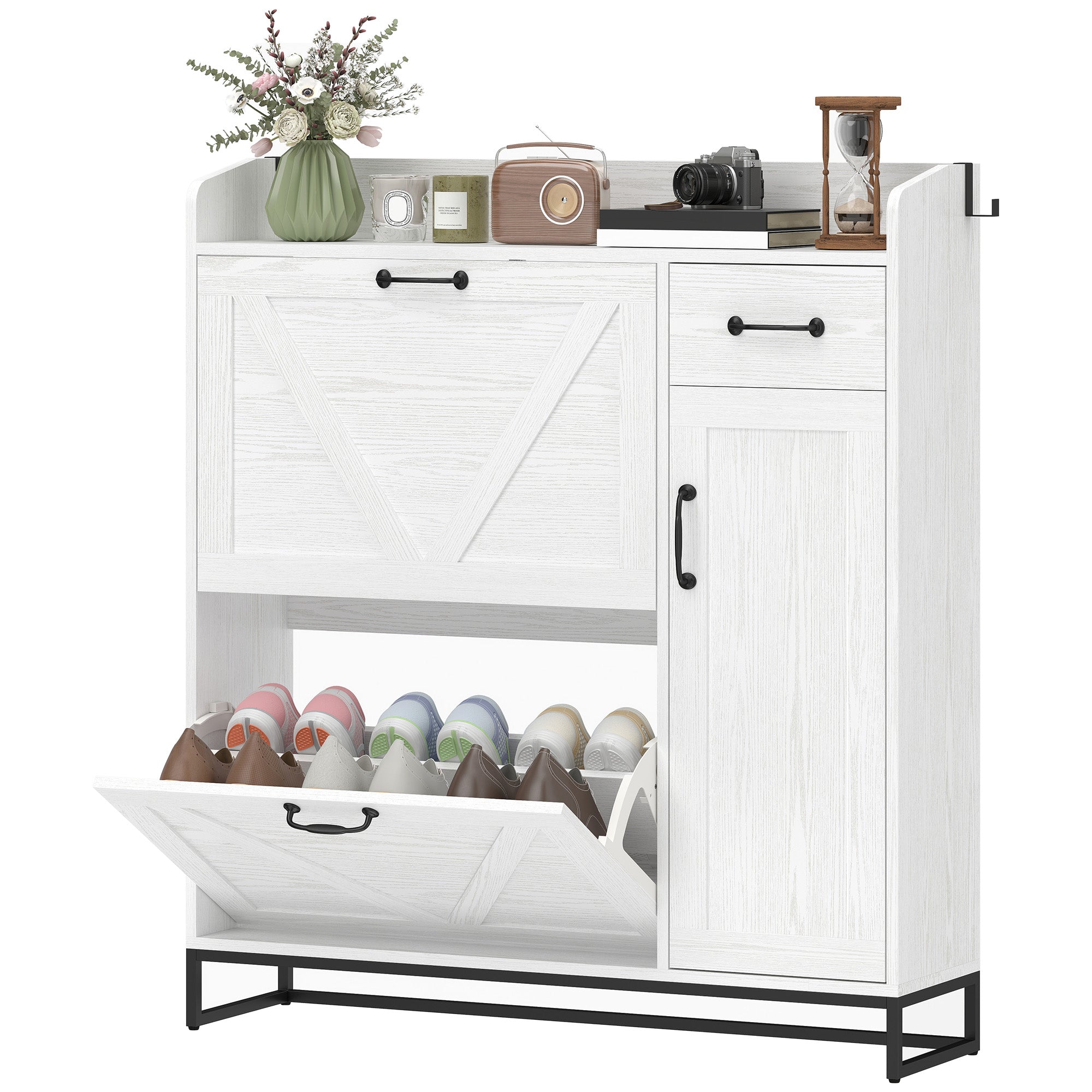 Farmhouse Shoe Storage Cabinet - Distressed White 12 Pair Capacity-DECOROLALA