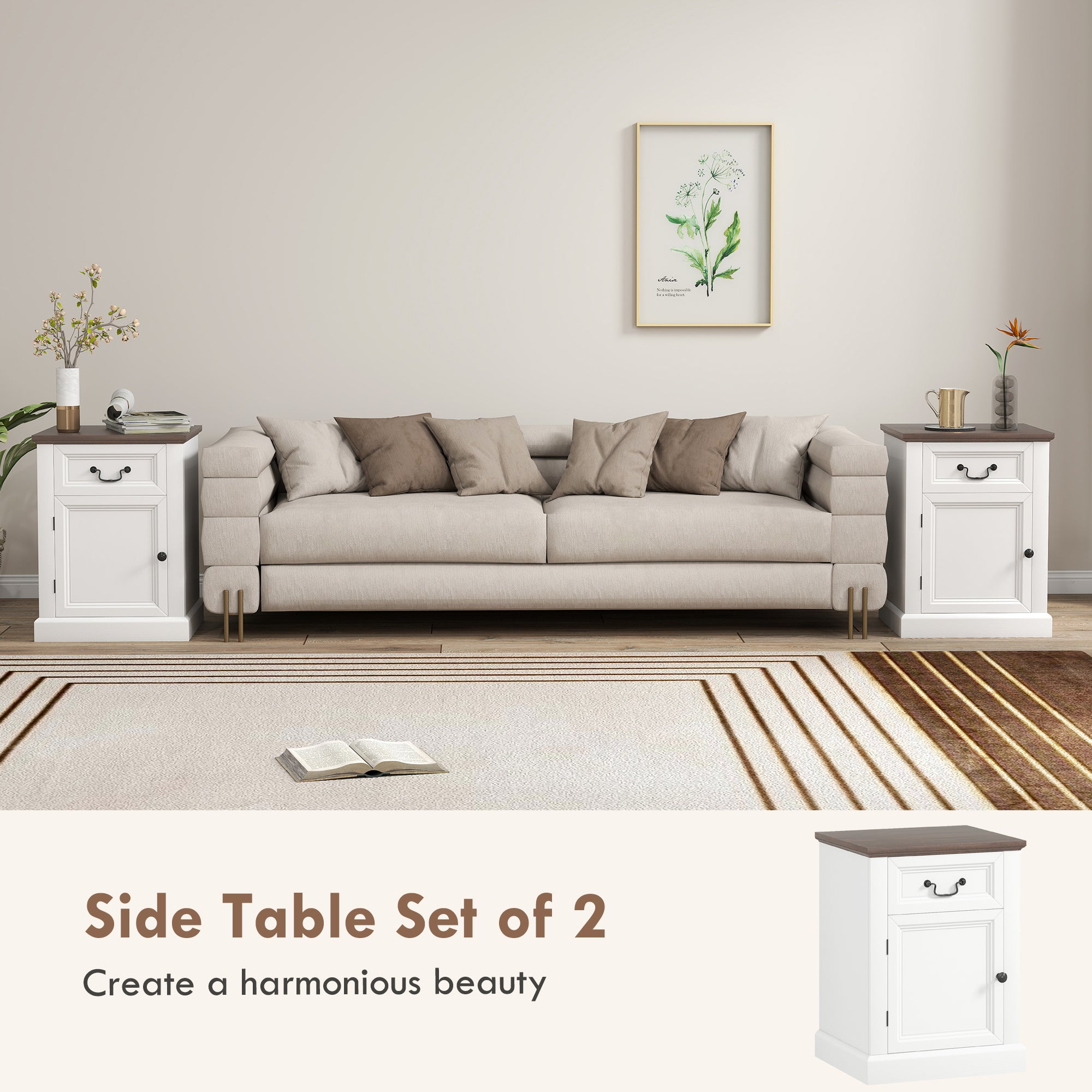 Farmhouse Side Table Set of 2 - White/Brown Nightstands-DECOROLALA