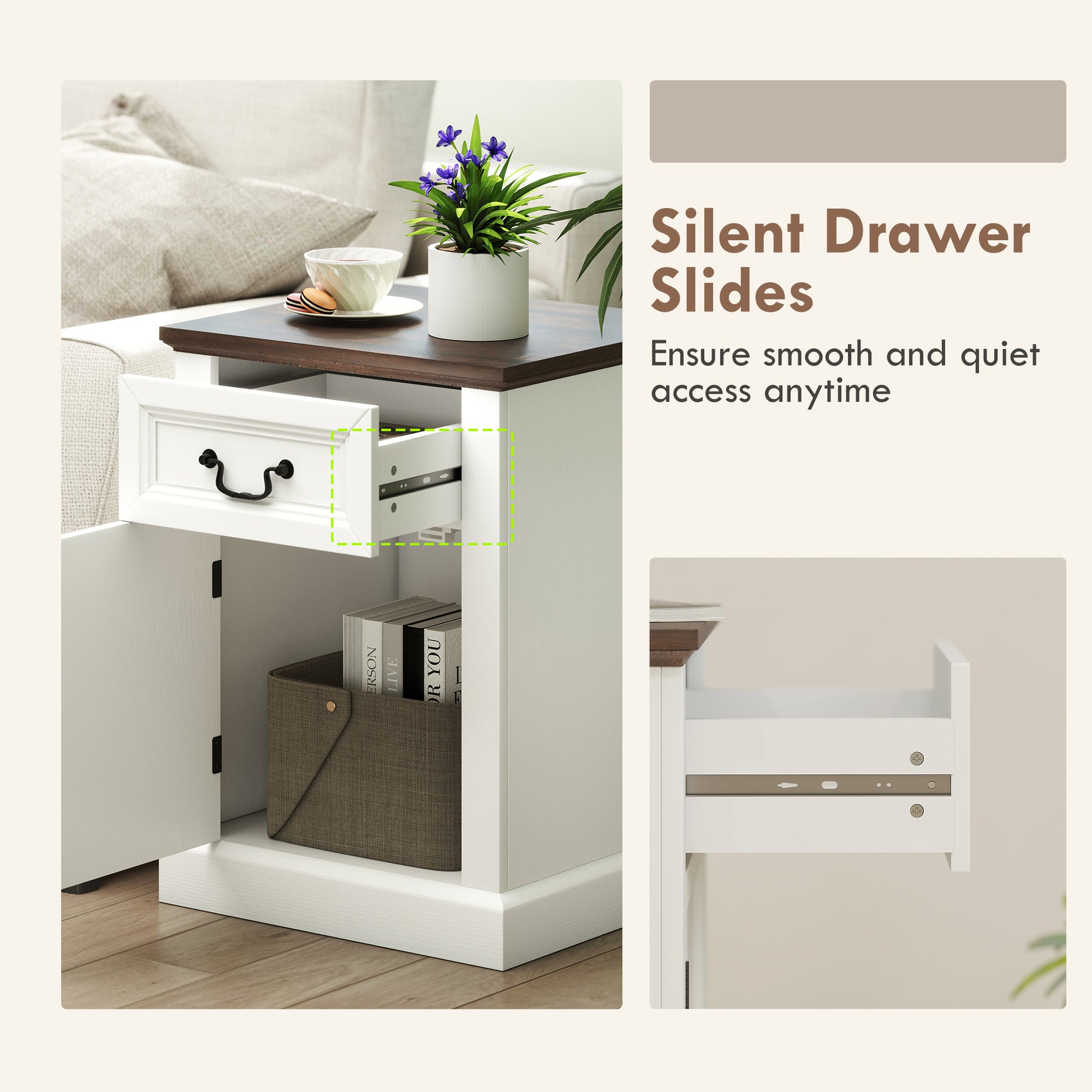 Farmhouse Side Table Set of 2 - White/Brown Nightstands-DECOROLALA
