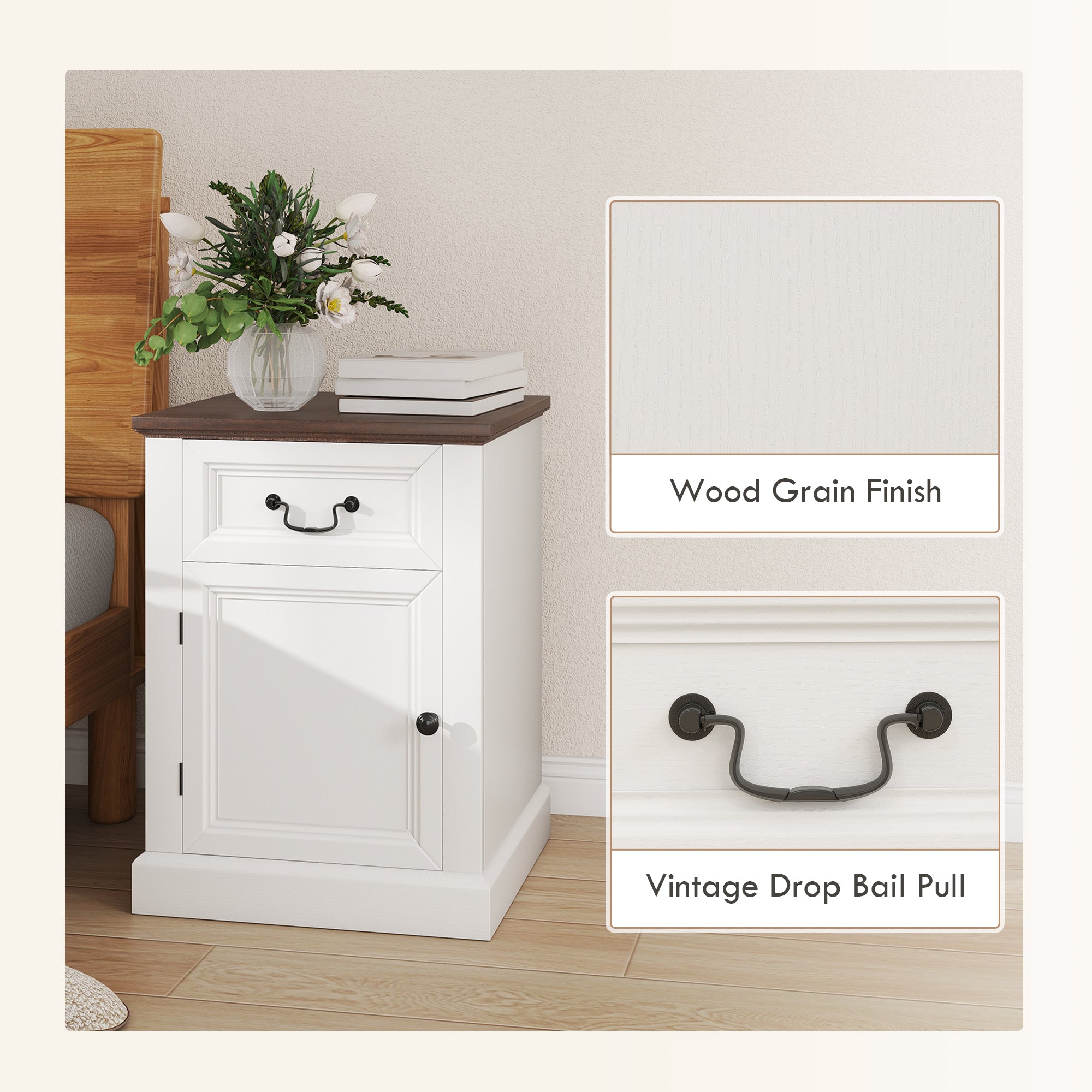 Farmhouse Side Table Set of 2 - White/Brown Nightstands-DECOROLALA