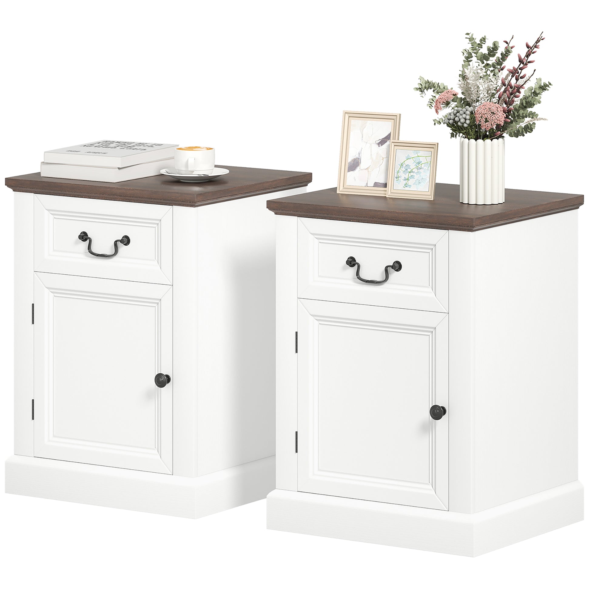 Farmhouse Side Table Set of 2 - White/Brown Nightstands-DECOROLALA