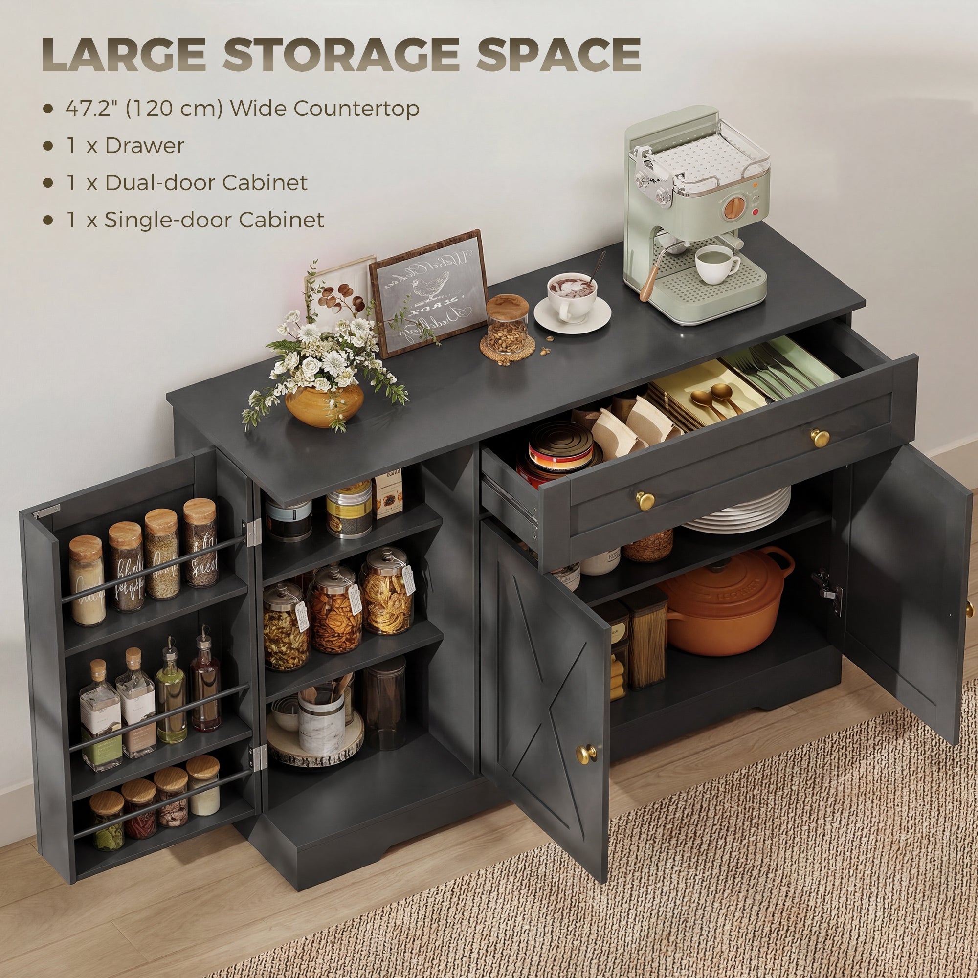 Farmhouse Sideboard Buffet Cabinet - Black Barn Door 47"-DECOROLALA