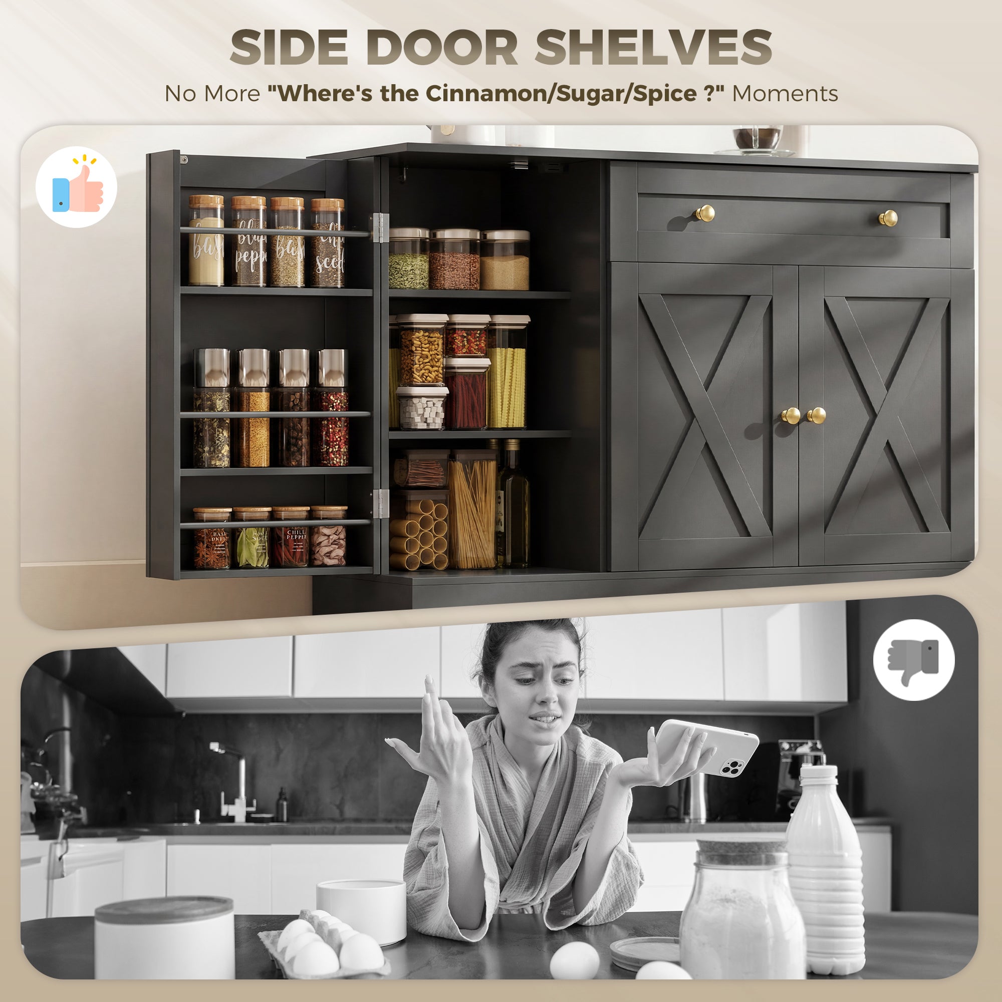 Farmhouse Sideboard Buffet Cabinet - Black Barn Door 47"-DECOROLALA