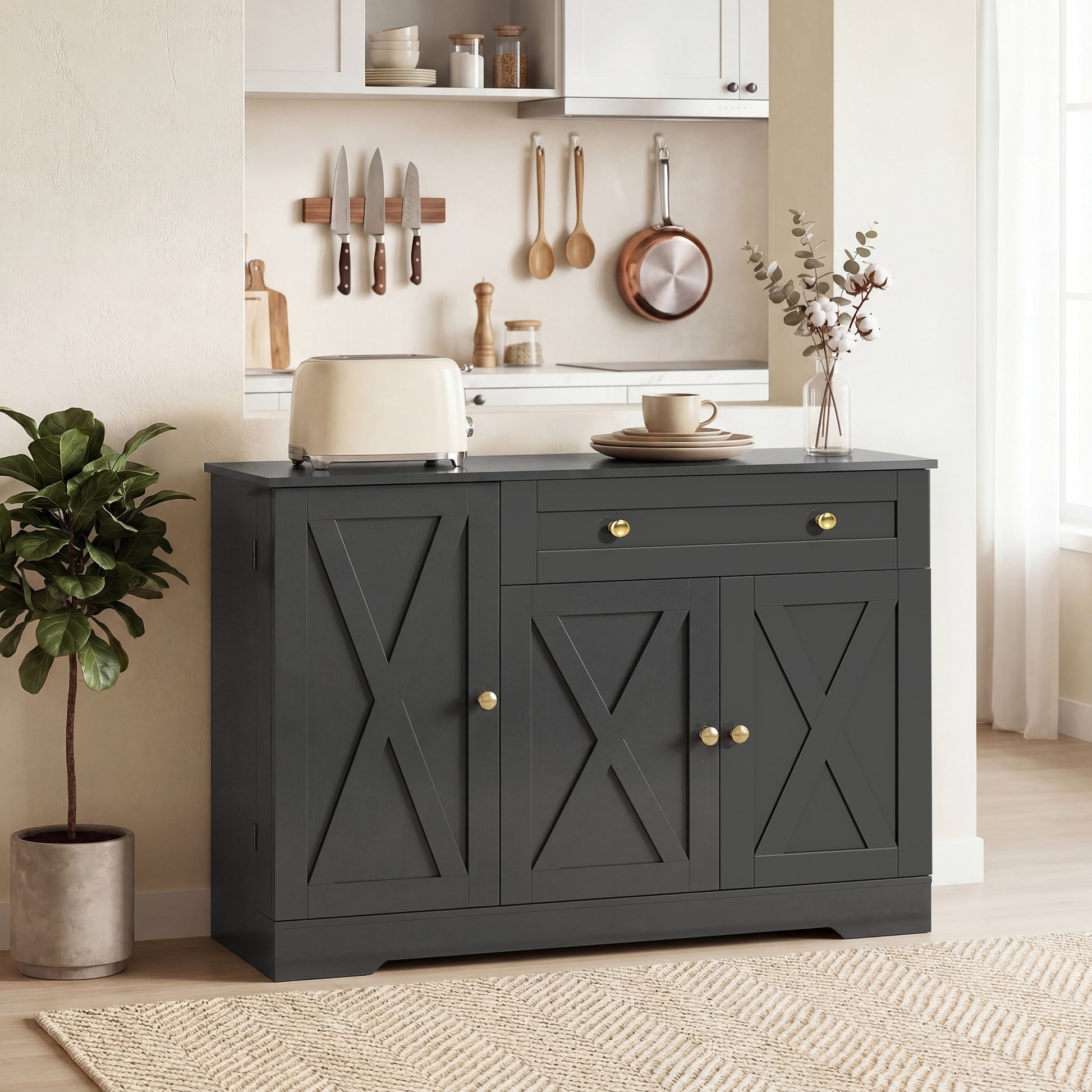 Farmhouse Sideboard Buffet Cabinet - Black Barn Door 47"-DECOROLALA