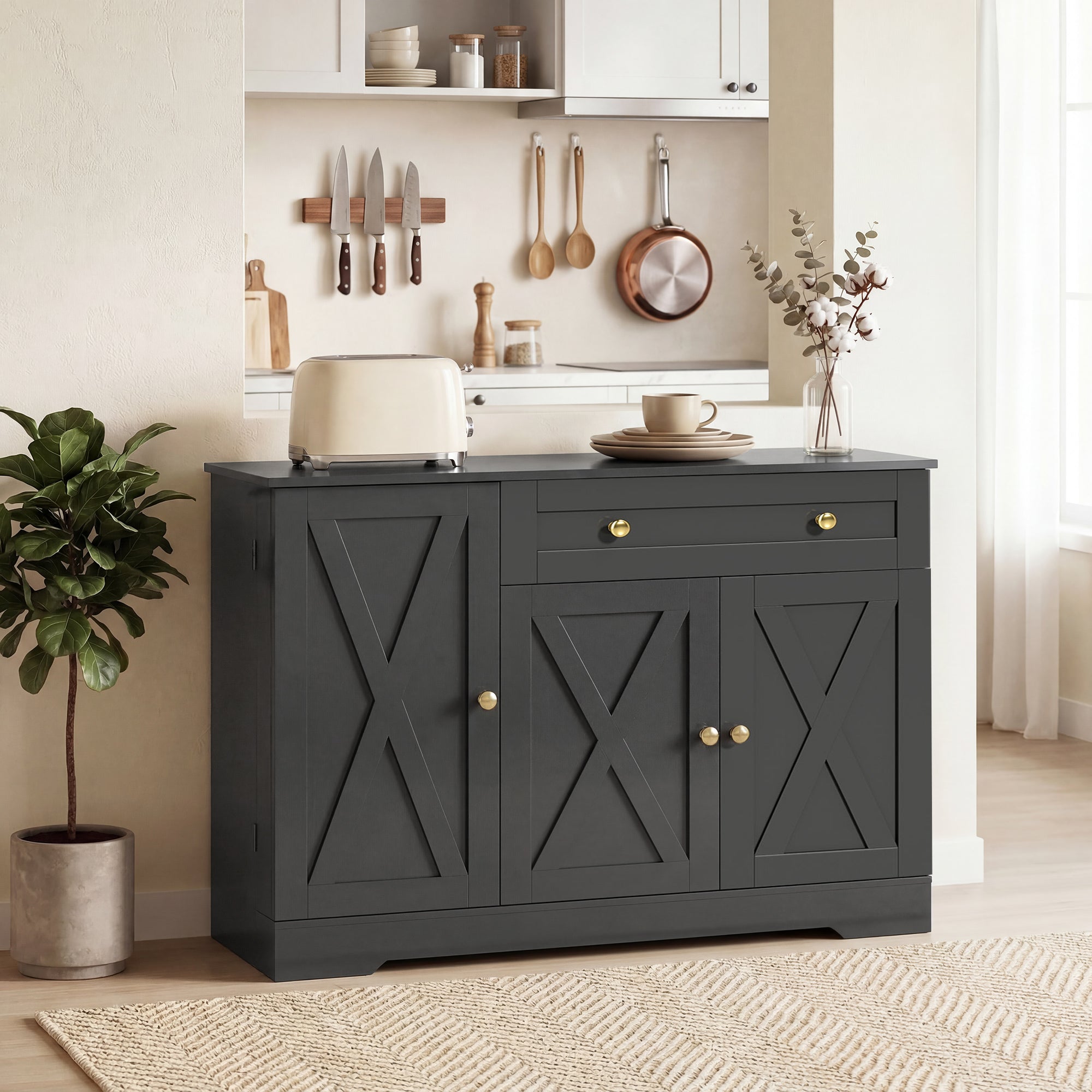 Farmhouse Sideboard Buffet Cabinet - Black Barn Door 47"-DECOROLALA