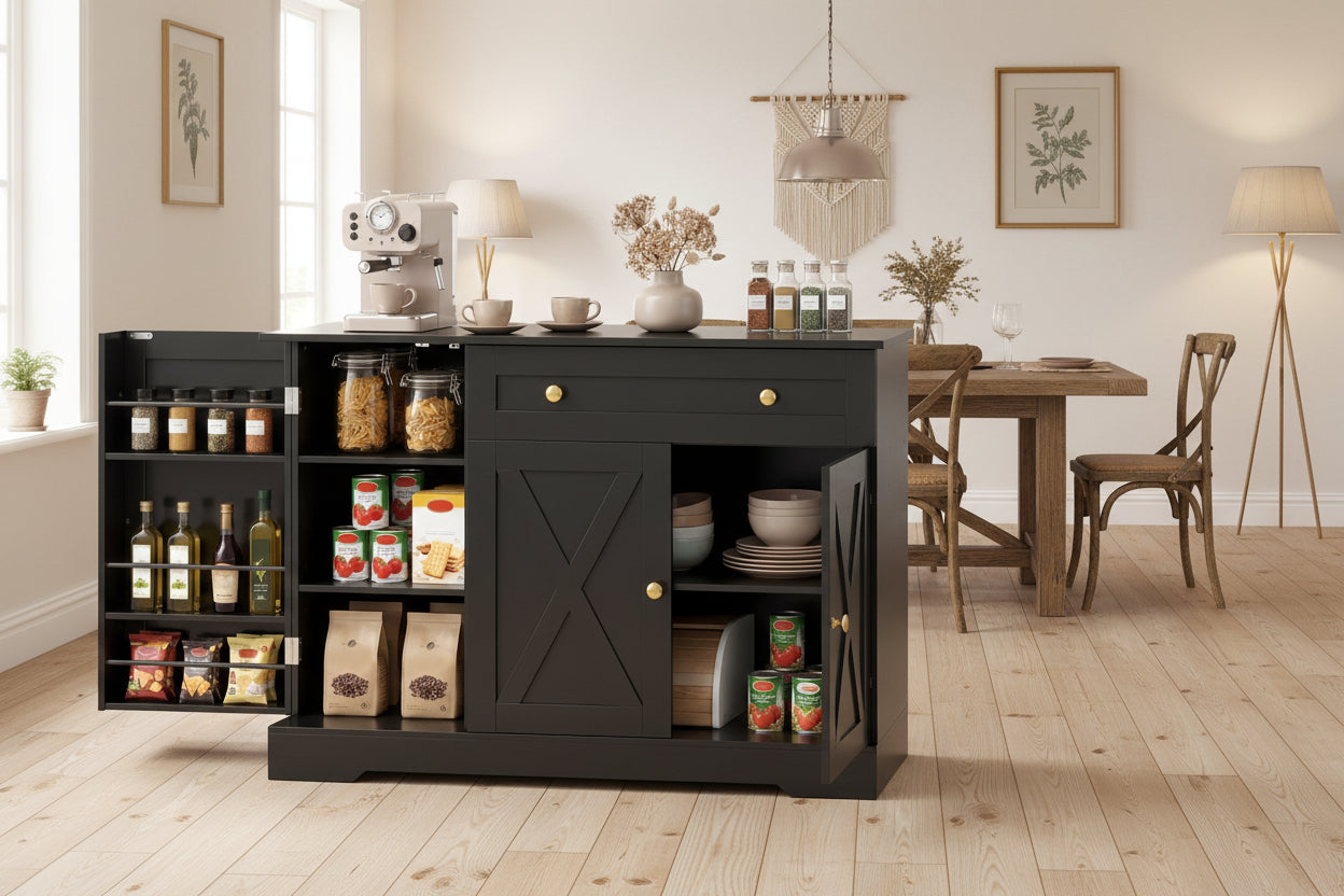 Farmhouse Sideboard Buffet Cabinet - Black Barn Door 47"-DECOROLALA