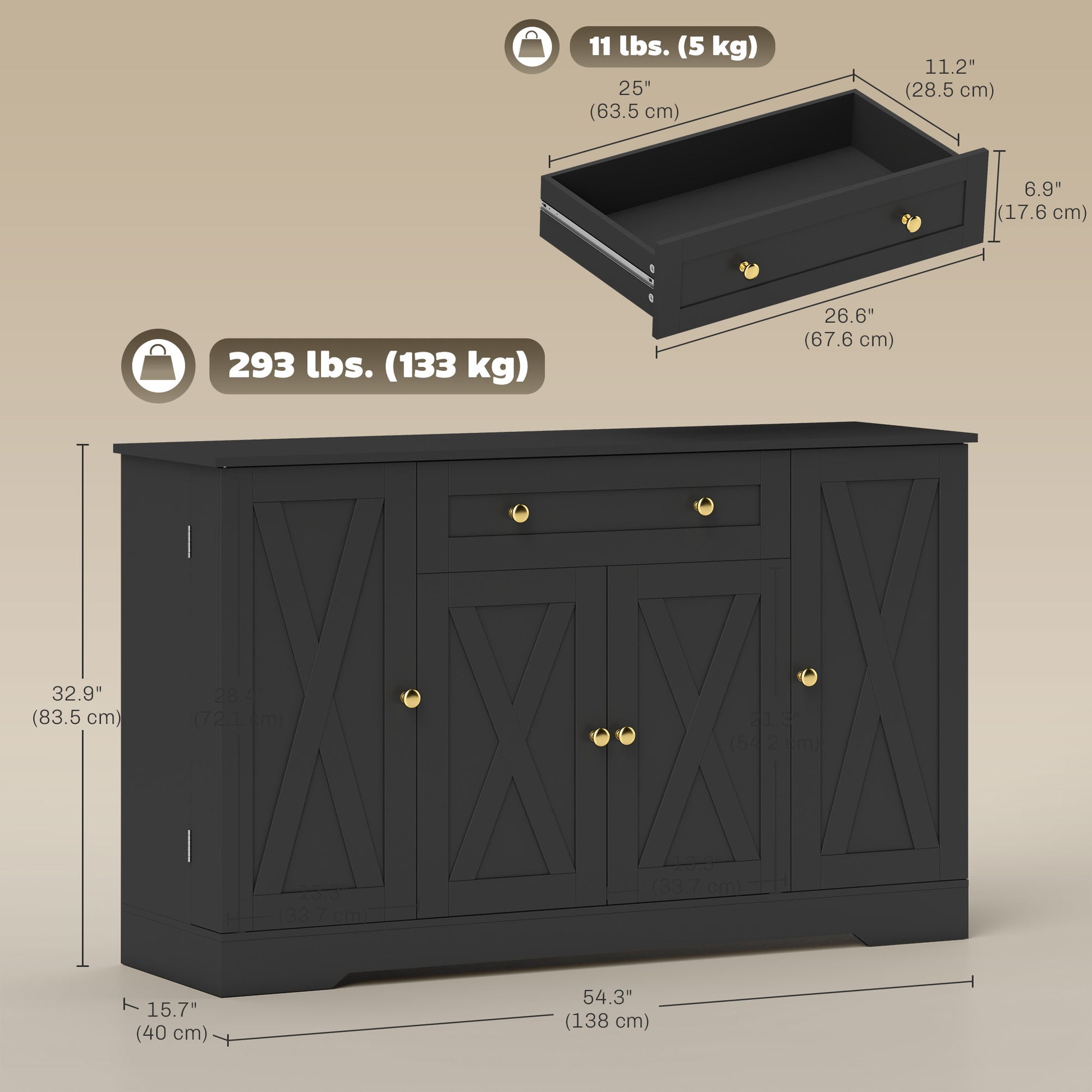 Farmhouse Sideboard Buffet Cabinet Coffee Bar - Black-DECOROLALA