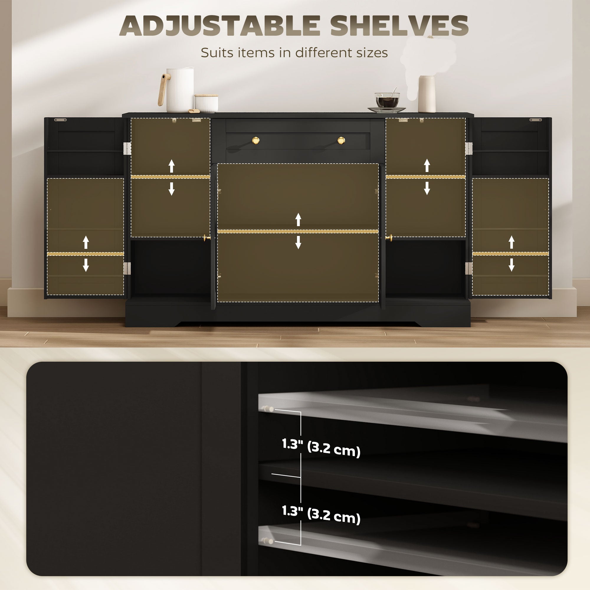 Farmhouse Sideboard Buffet Cabinet Coffee Bar - Black-DECOROLALA