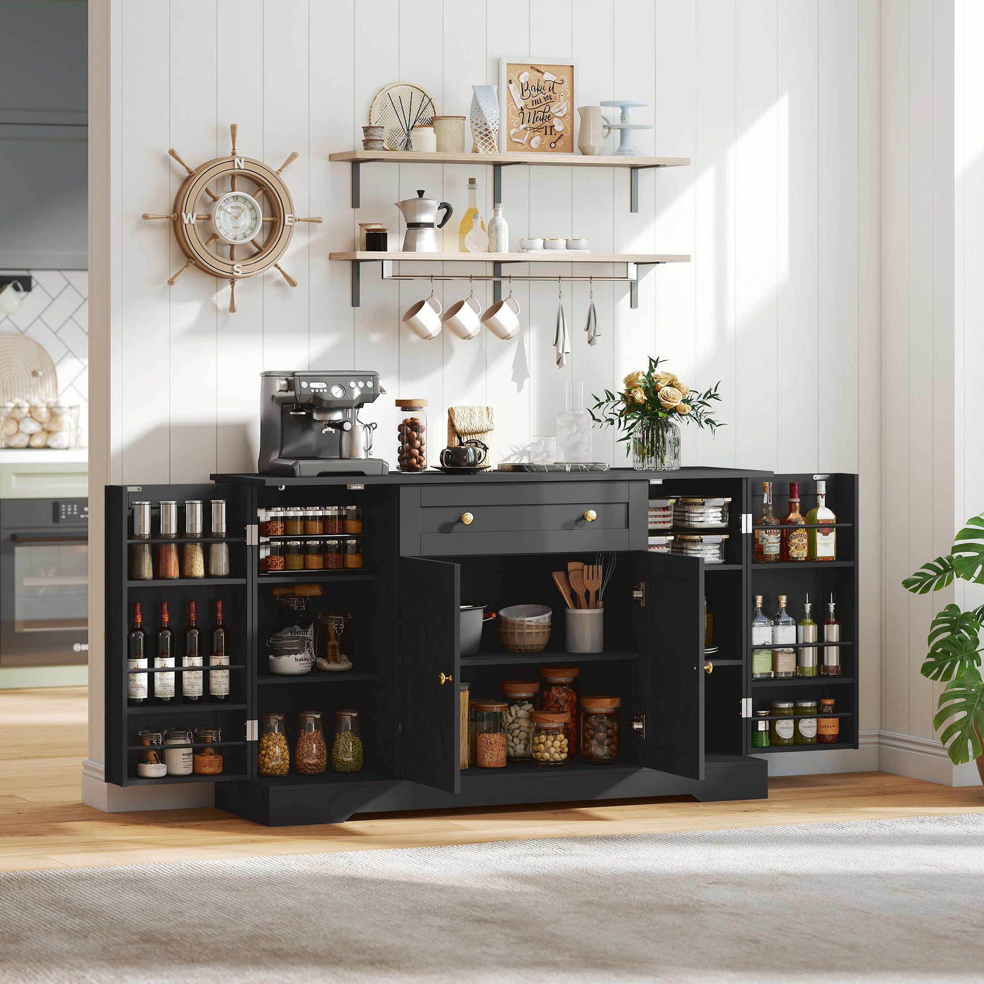 Farmhouse Sideboard Buffet Cabinet Coffee Bar - Black-DECOROLALA