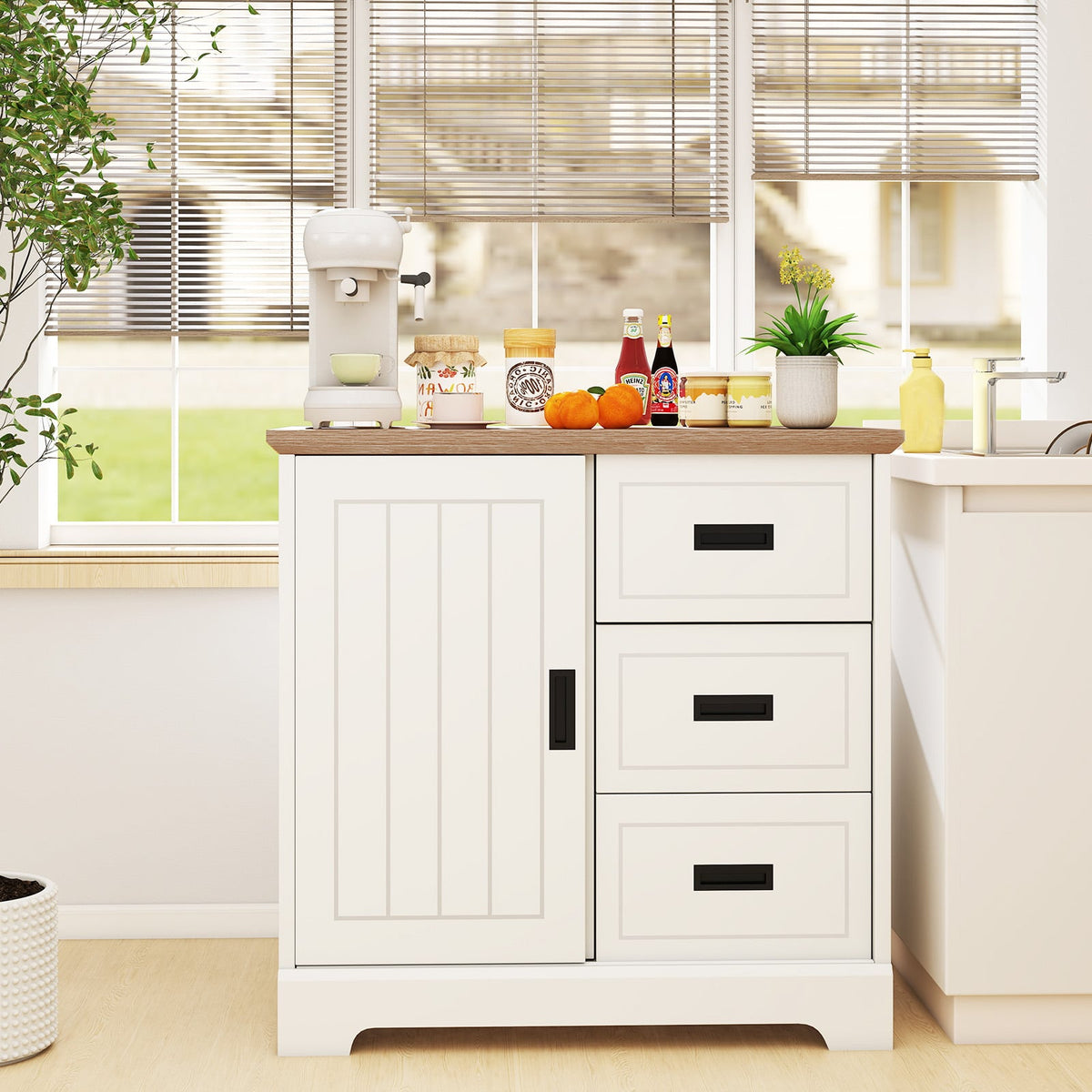 Farmhouse Sideboard Buffet Cabinet Kitchen Pantry with Sliding Doors-White-Sideboards & Buffets-DECOROLALA