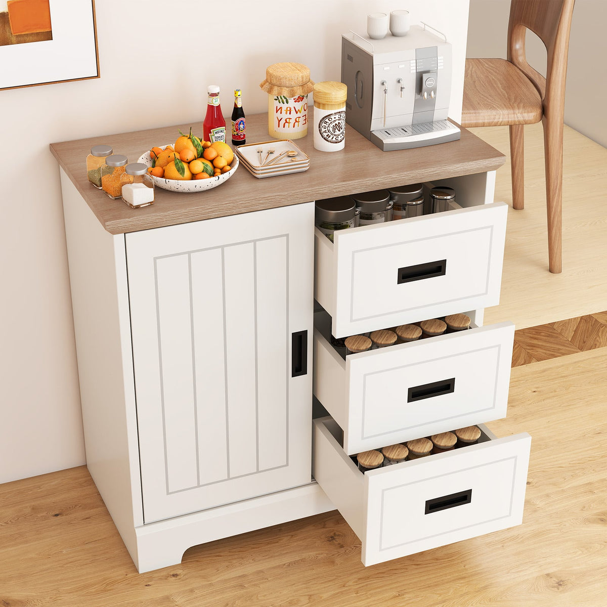 Farmhouse Sideboard Buffet Cabinet Kitchen Pantry with Sliding Doors-White-Sideboards & Buffets-DECOROLALA