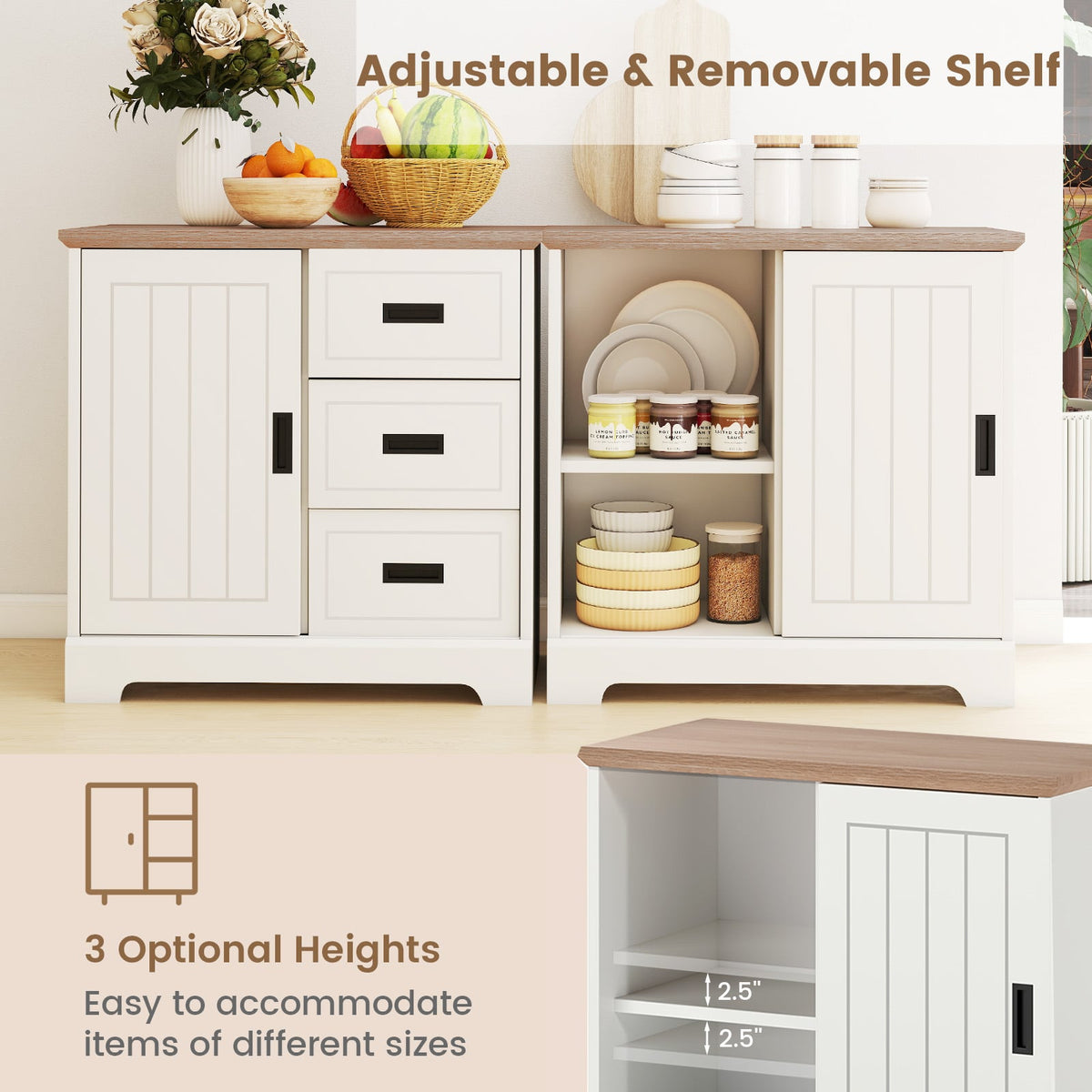 Farmhouse Sideboard Buffet Cabinet Kitchen Pantry with Sliding Doors-White-Sideboards & Buffets-DECOROLALA