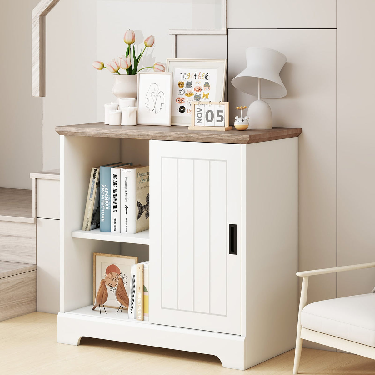 Farmhouse Sideboard Buffet Cabinet Kitchen Pantry with Sliding Doors-White-Sideboards & Buffets-DECOROLALA
