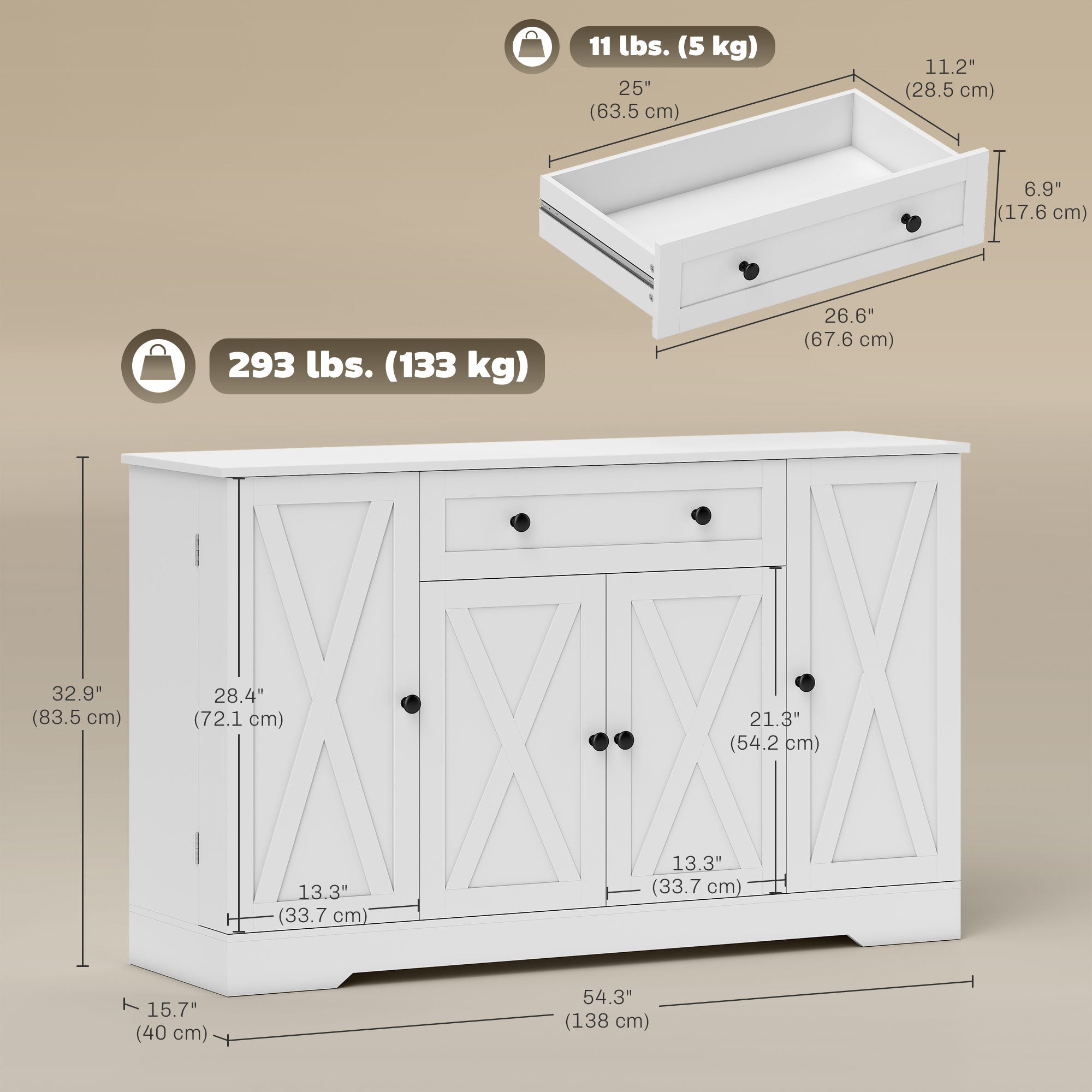 Farmhouse Sideboard Buffet Cabinet - White 54" Barn Door-DECOROLALA