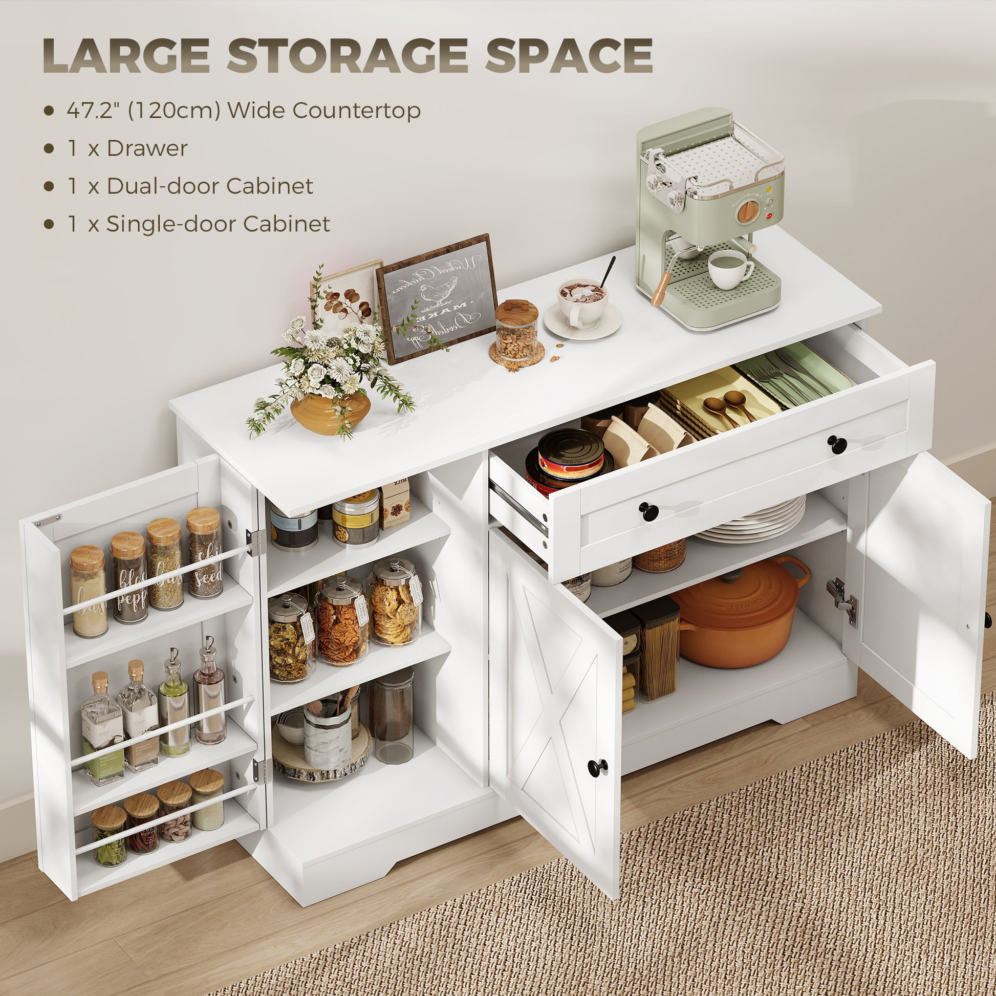 Farmhouse Sideboard Buffet Cabinet - White Barn Door 47"-DECOROLALA