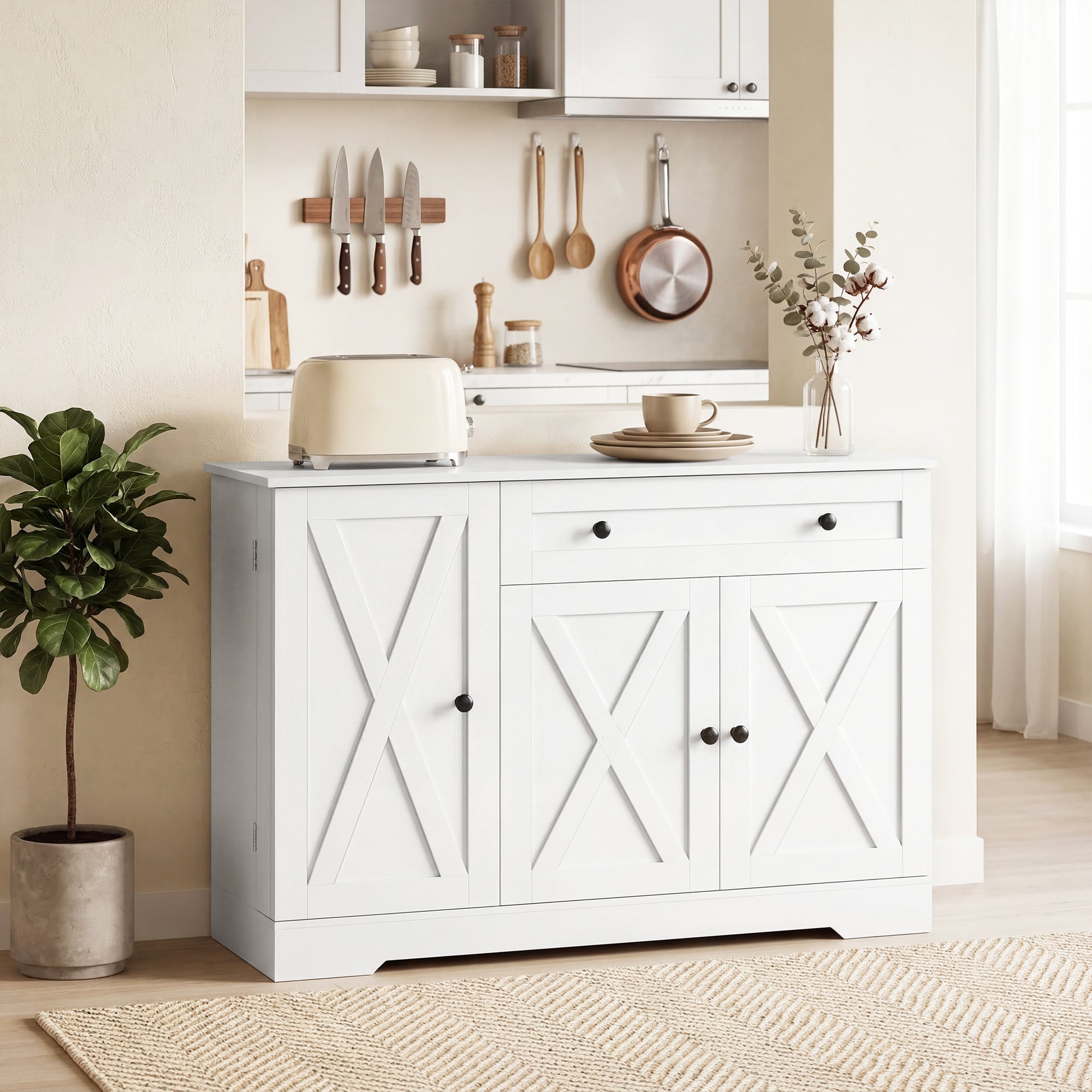 Farmhouse Sideboard Buffet Cabinet - White Barn Door 47"-DECOROLALA